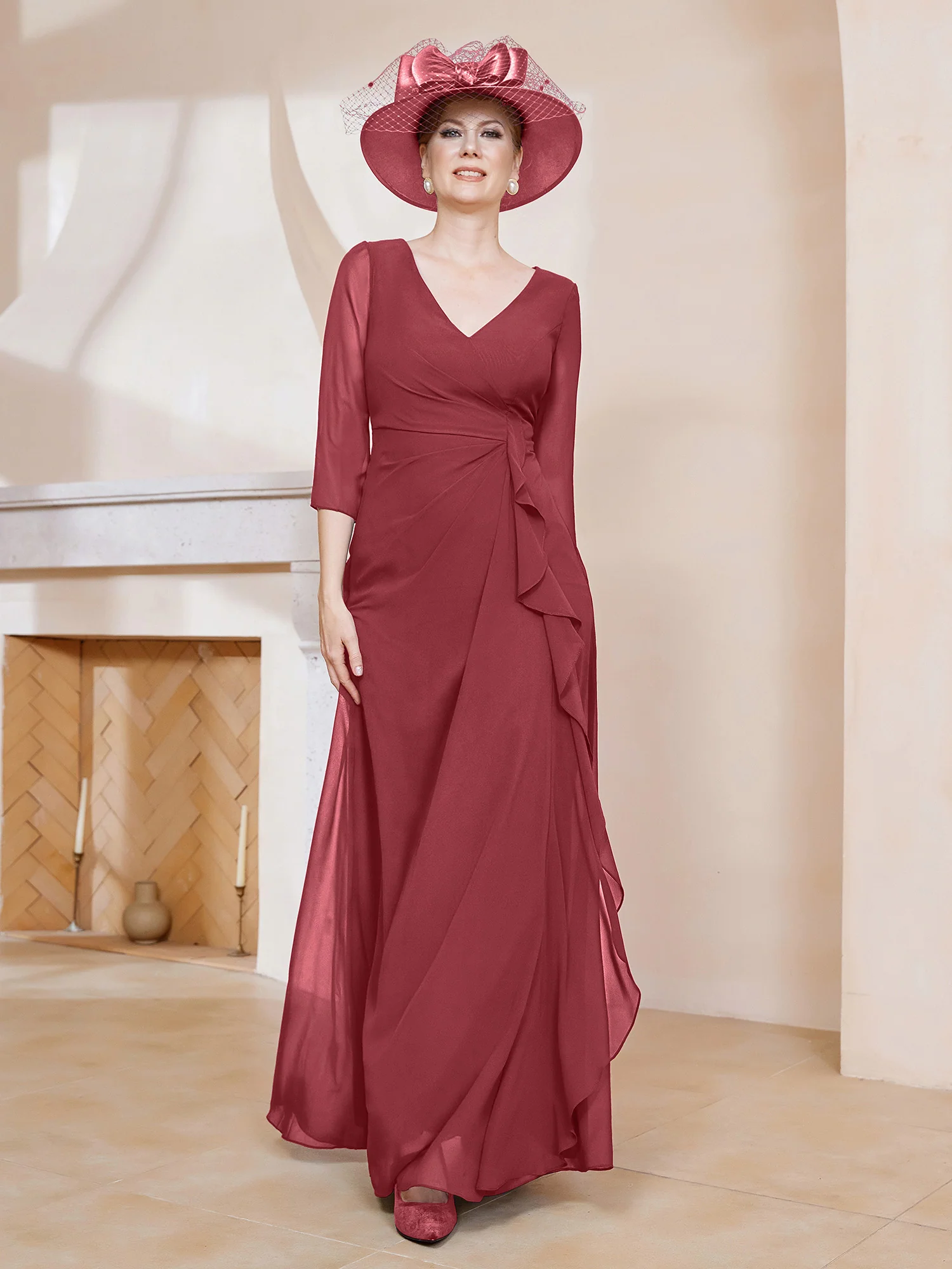 3/4-Length Sleeves V-neck Pleated Long Dress Cinnamon Rose