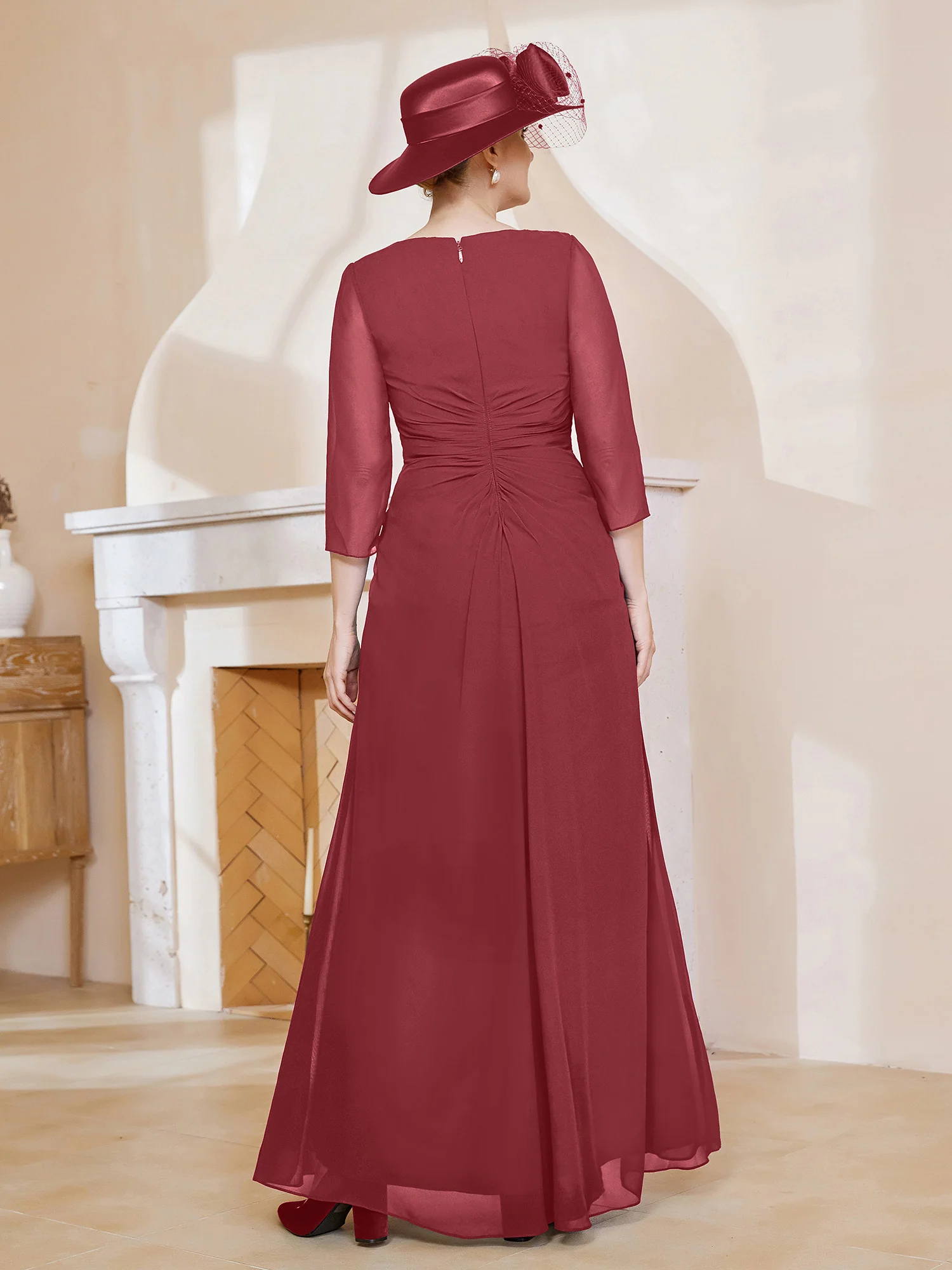 3/4-Length Sleeves V-neck Pleated Long Dress Cinnamon Rose - Image 2