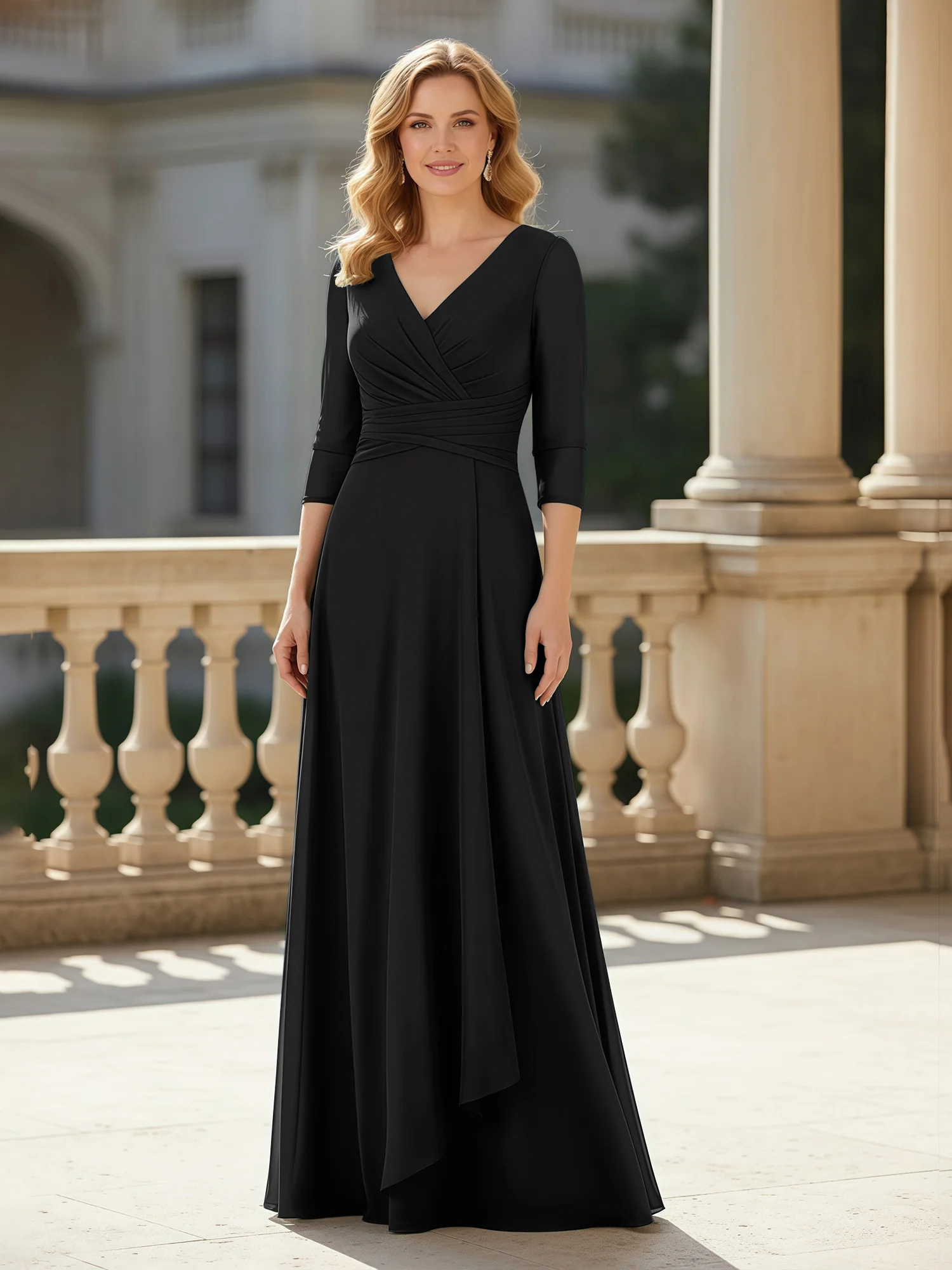 3/4 Sleeves Pleated V-neck Chiffon Floor-length Dress Black
