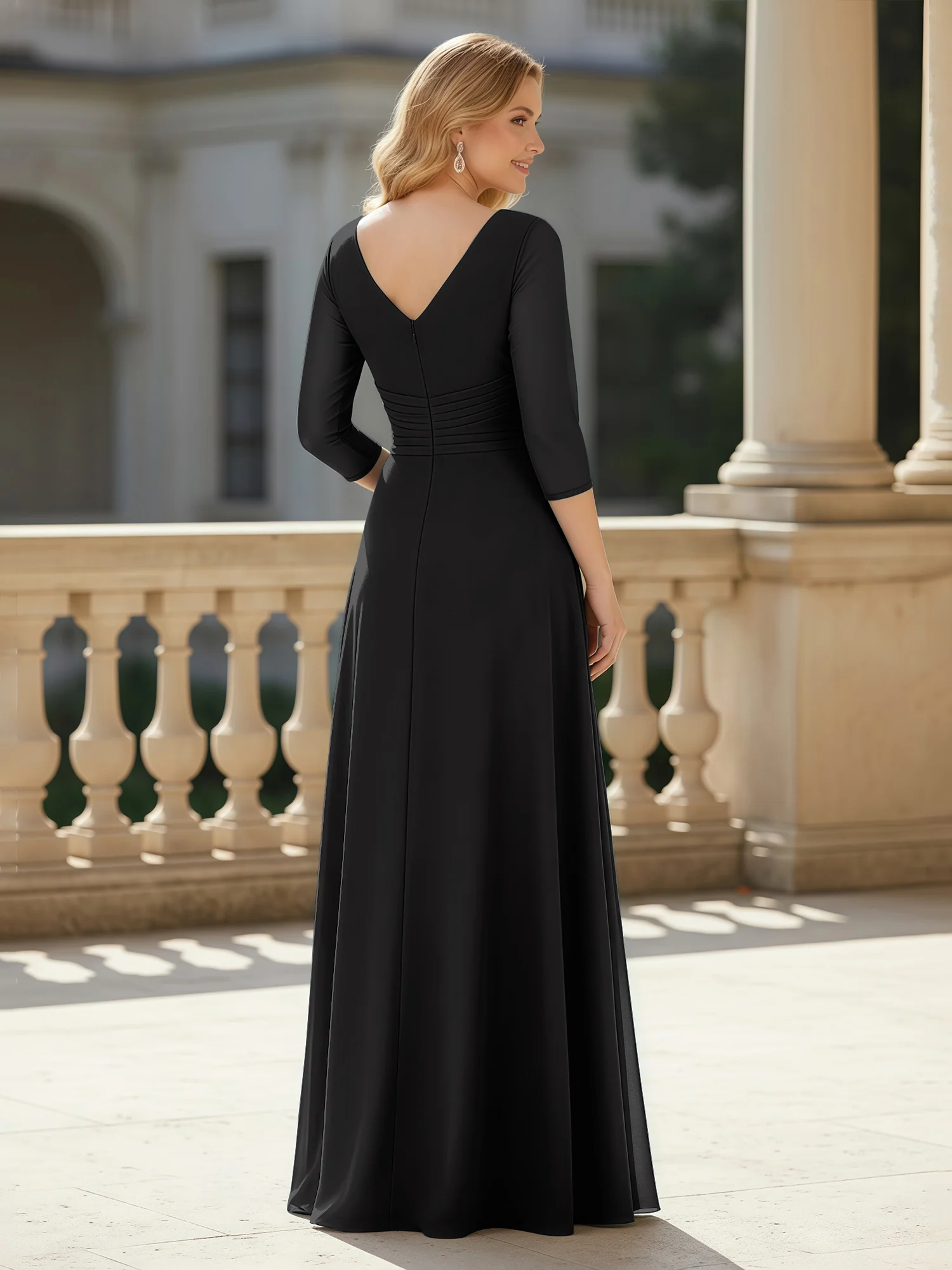 3/4 Sleeves Pleated V-neck Chiffon Floor-length Dress Black - Image 2
