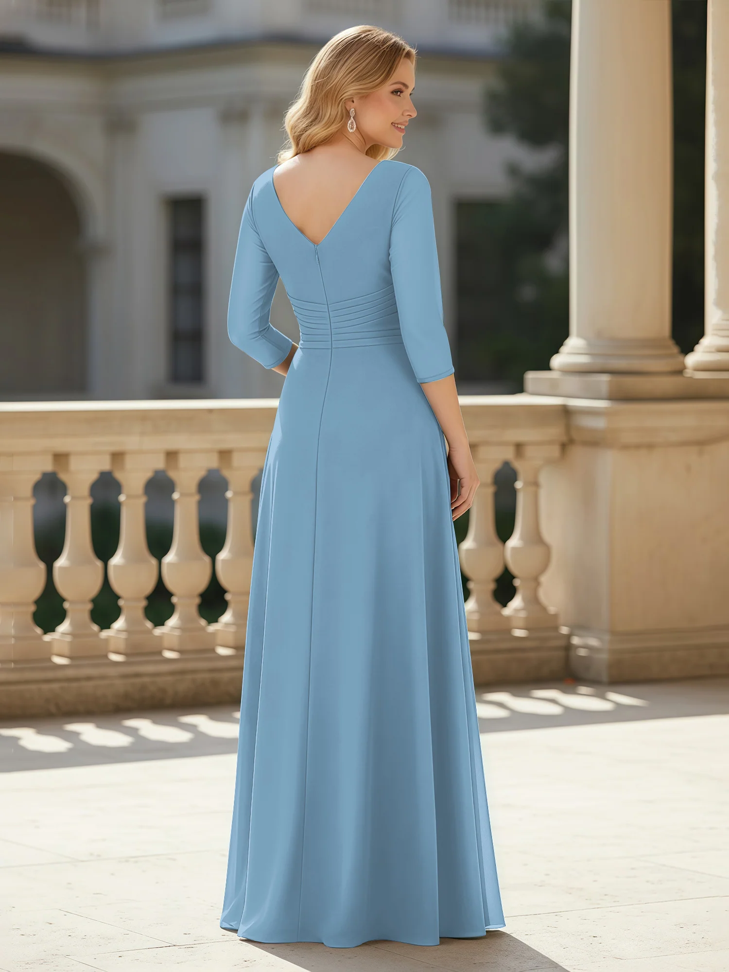 3/4 Sleeves Pleated V-neck Chiffon Floor-length Dress Blue - Image 2