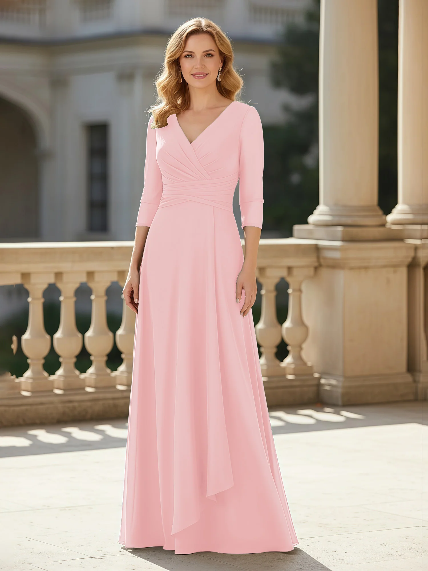 3/4 Sleeves Pleated V-neck Chiffon Floor-length Dress Blushing Pink