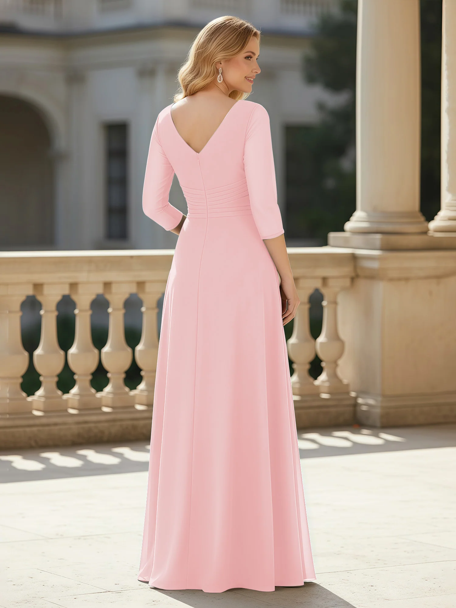3/4 Sleeves Pleated V-neck Chiffon Floor-length Dress Blushing Pink - Image 2