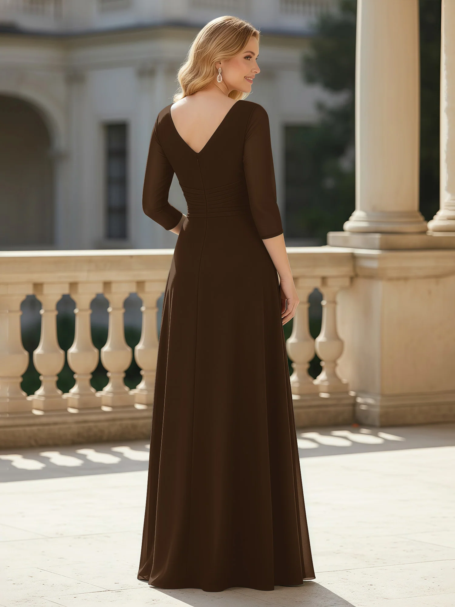3/4 Sleeves Pleated V-neck Chiffon Floor-length Dress Brown - Image 2