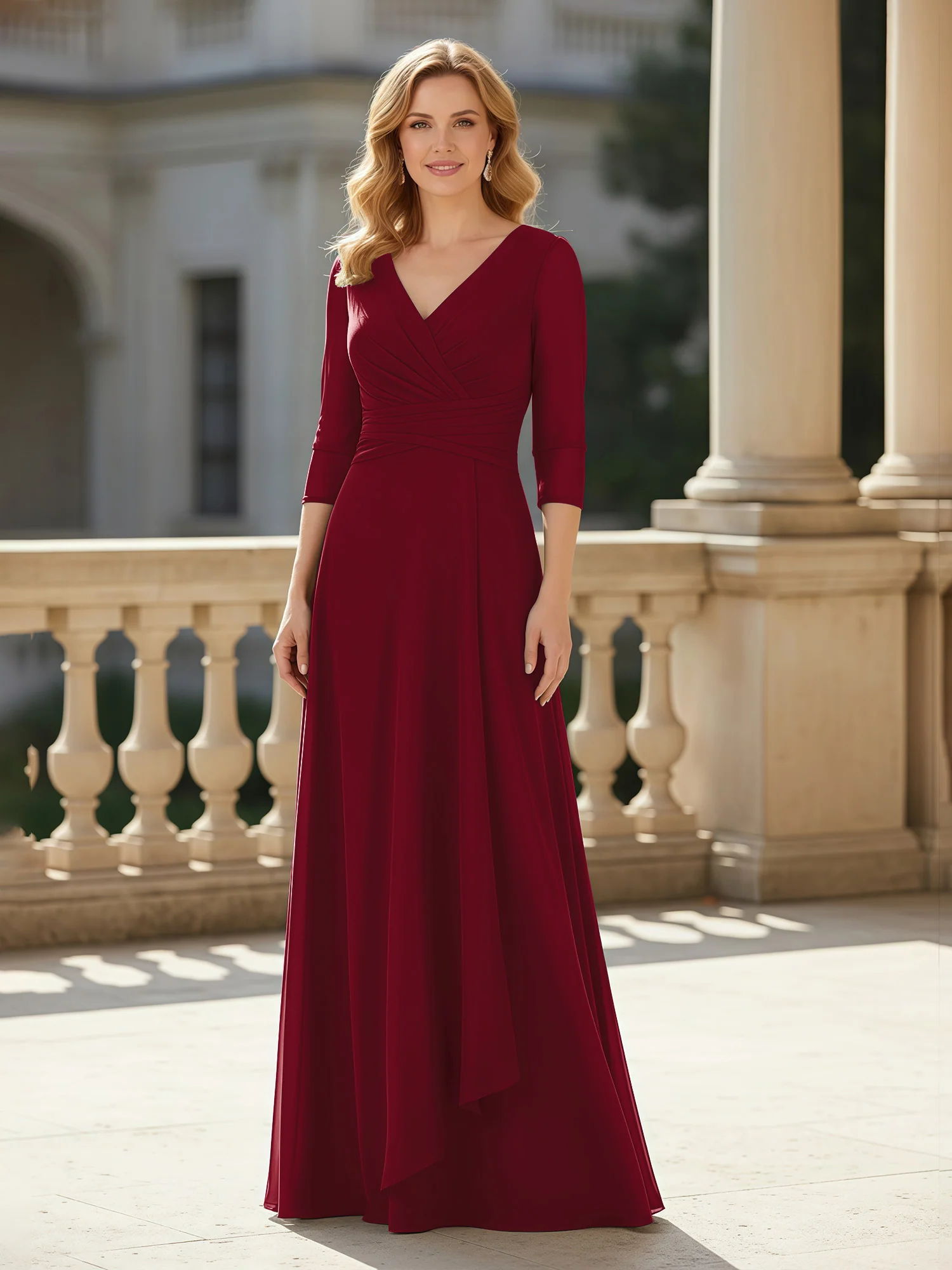 3/4 Sleeves Pleated V-neck Chiffon Floor-length Dress Burgundy