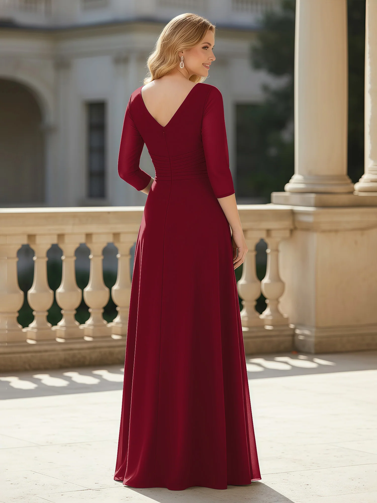 3/4 Sleeves Pleated V-neck Chiffon Floor-length Dress Burgundy - Image 2