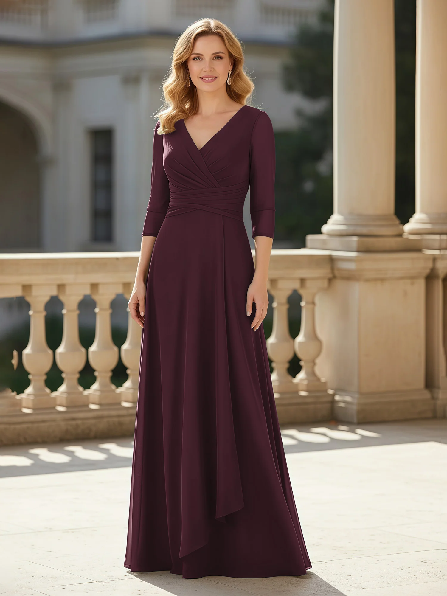 3/4 Sleeves Pleated V-neck Chiffon Floor-length Dress Cabernet