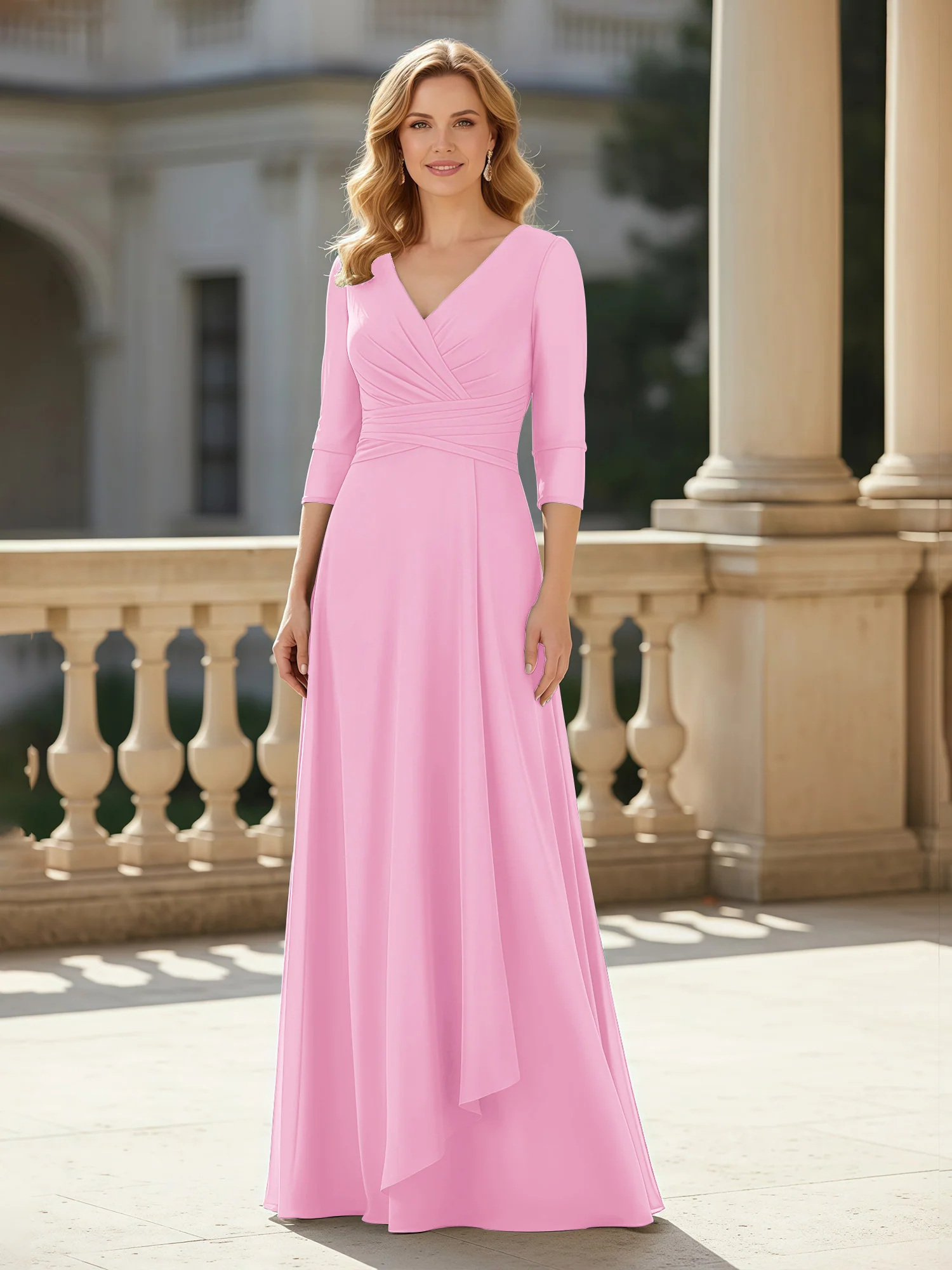 3/4 Sleeves Pleated V-neck Chiffon Floor-length Dress Candy Pink
