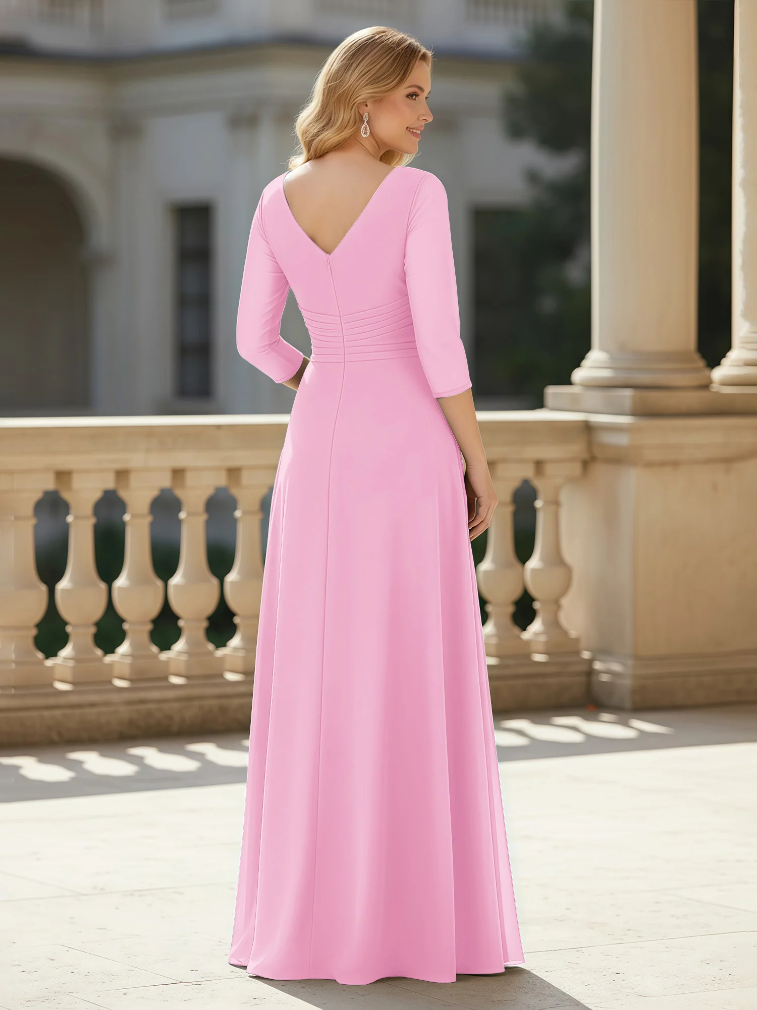 3/4 Sleeves Pleated V-neck Chiffon Floor-length Dress Candy Pink - Image 2