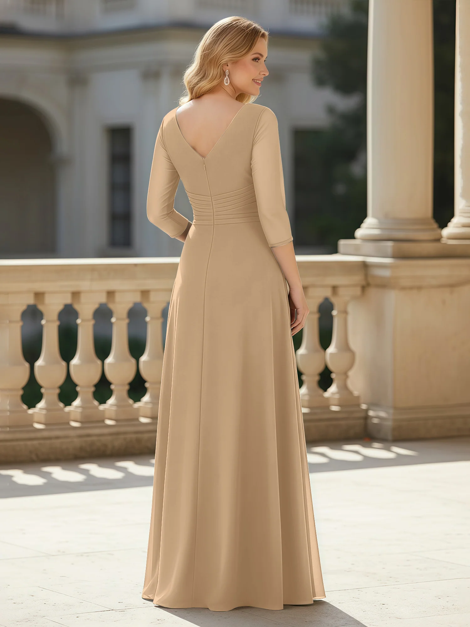 3/4 Sleeves Pleated V-neck Chiffon Floor-length Dress Champagne - Image 2
