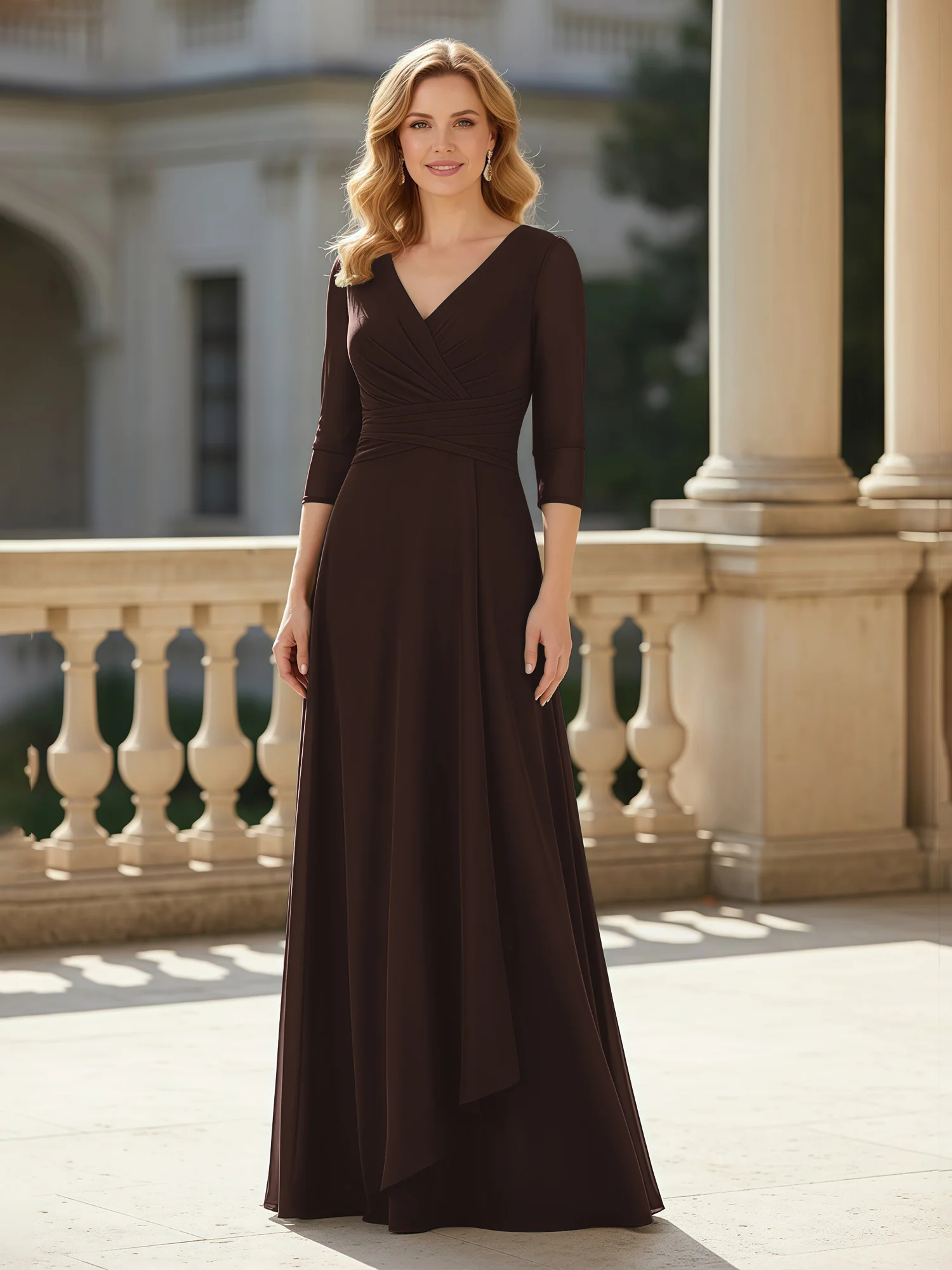 3/4 Sleeves Pleated V-neck Chiffon Floor-length Dress Chocolate