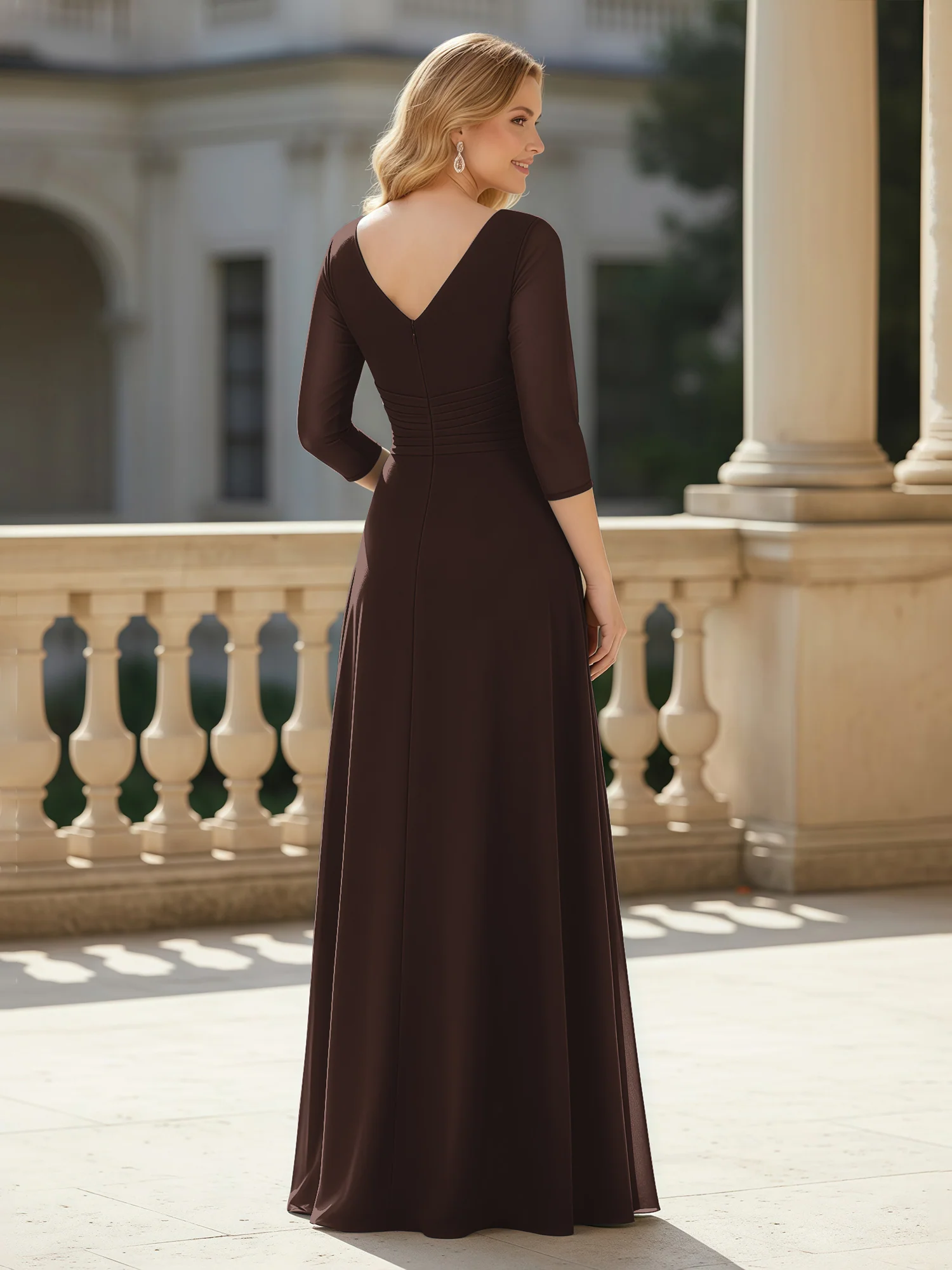 3/4 Sleeves Pleated V-neck Chiffon Floor-length Dress Chocolate - Image 2