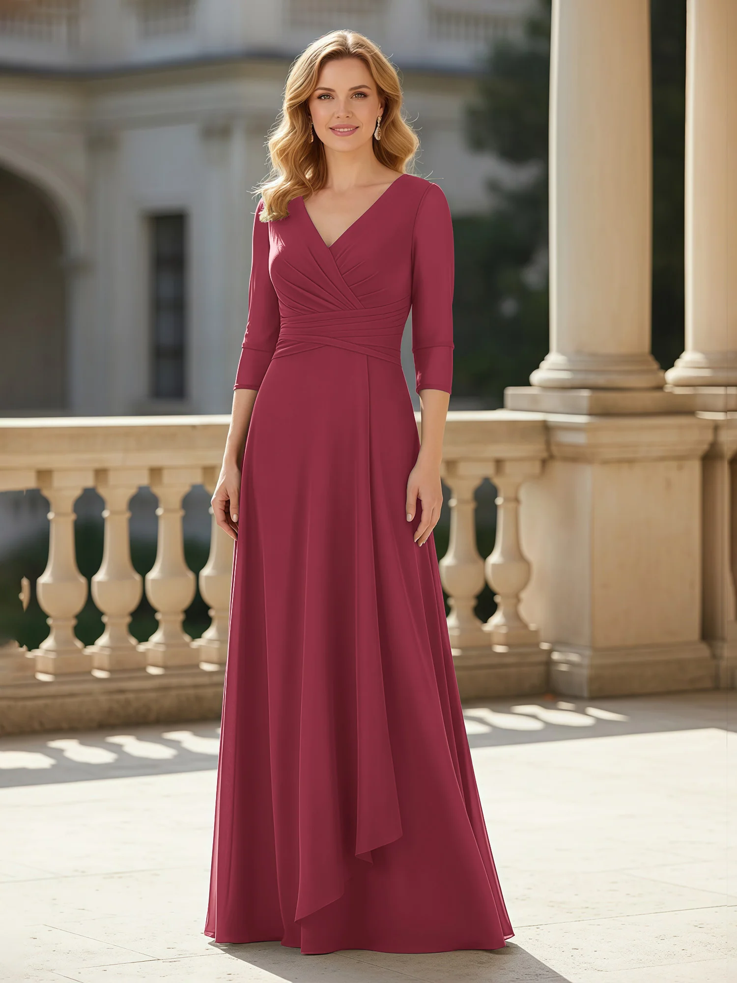 3/4 Sleeves Pleated V-neck Chiffon Floor-length Dress Cinnamon Rose