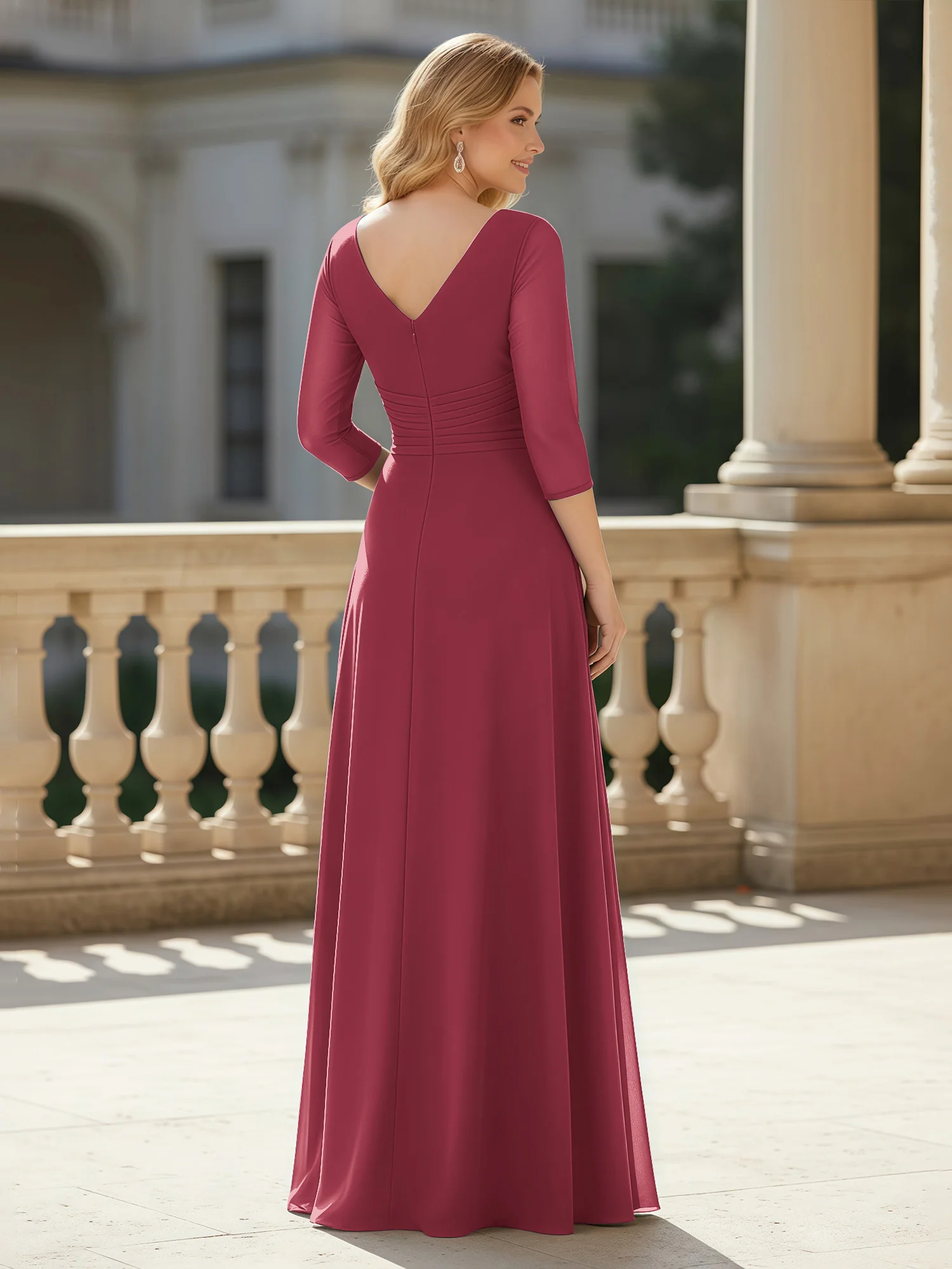 3/4 Sleeves Pleated V-neck Chiffon Floor-length Dress Cinnamon Rose - Image 2