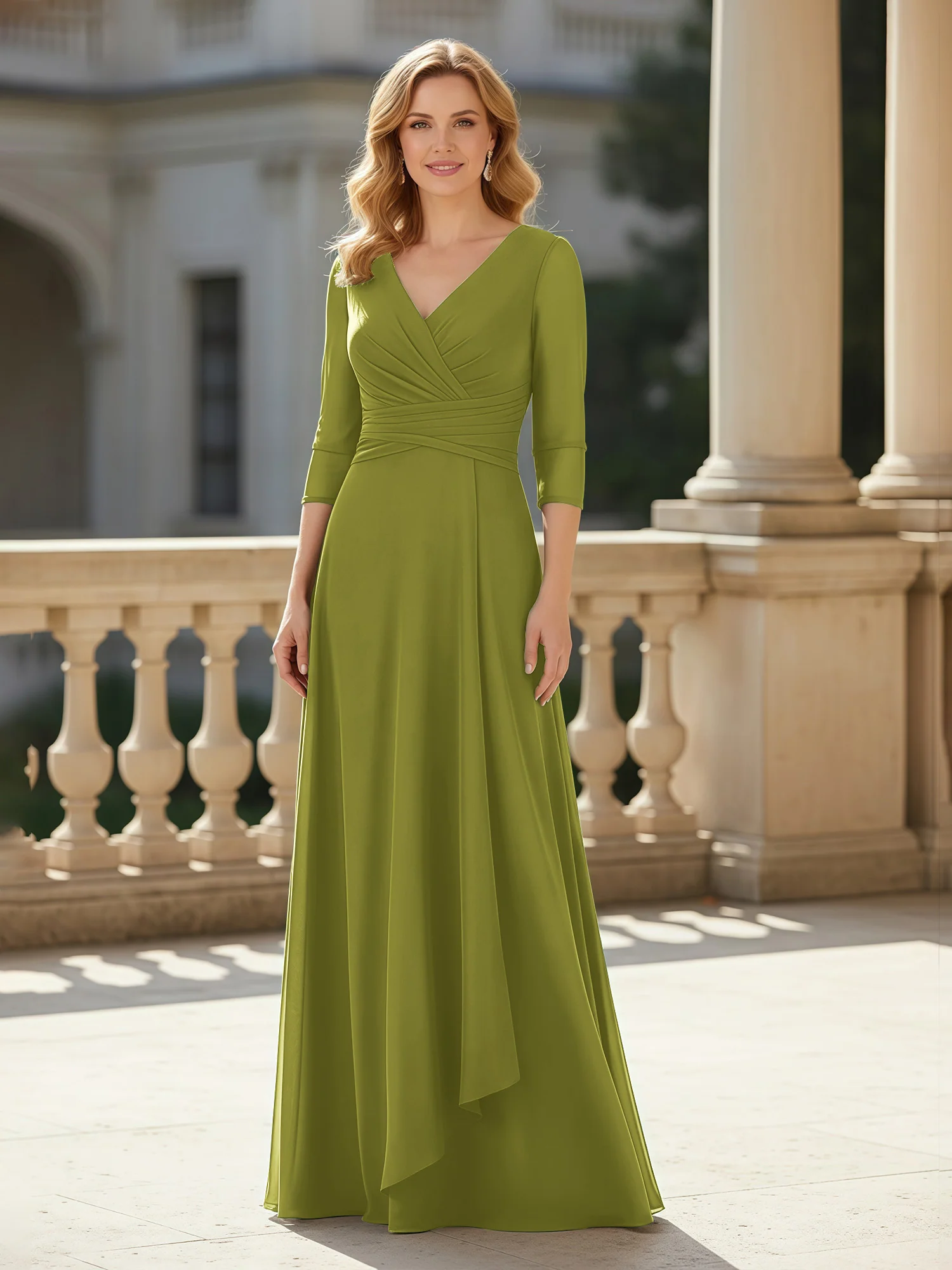 3/4 Sleeves Pleated V-neck Chiffon Floor-length Dress Clover