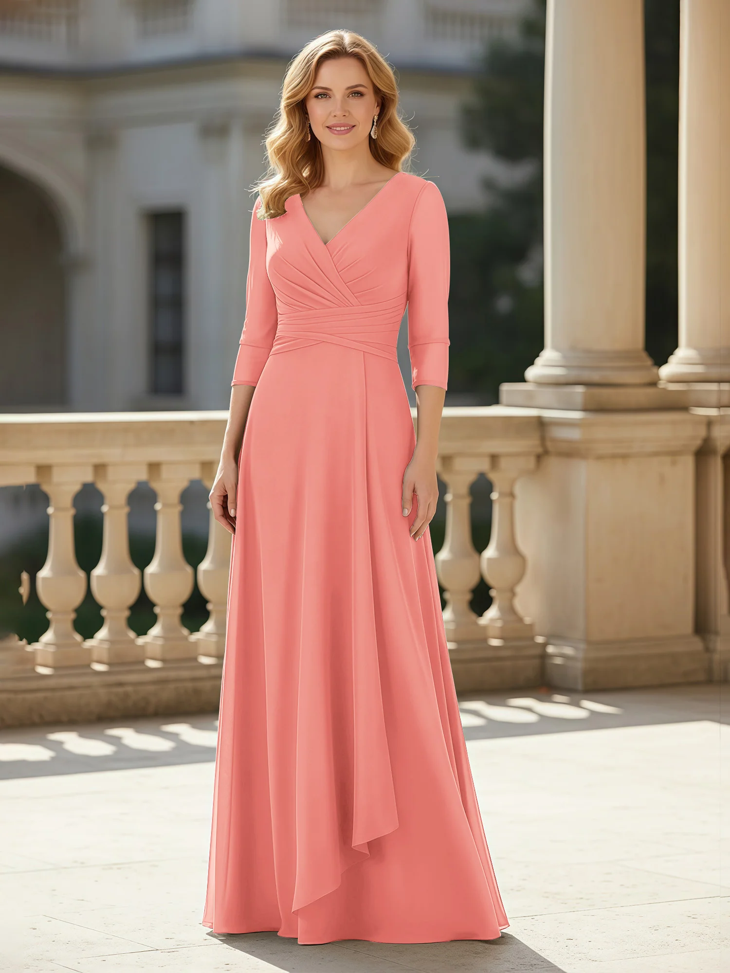3/4 Sleeves Pleated V-neck Chiffon Floor-length Dress Coral