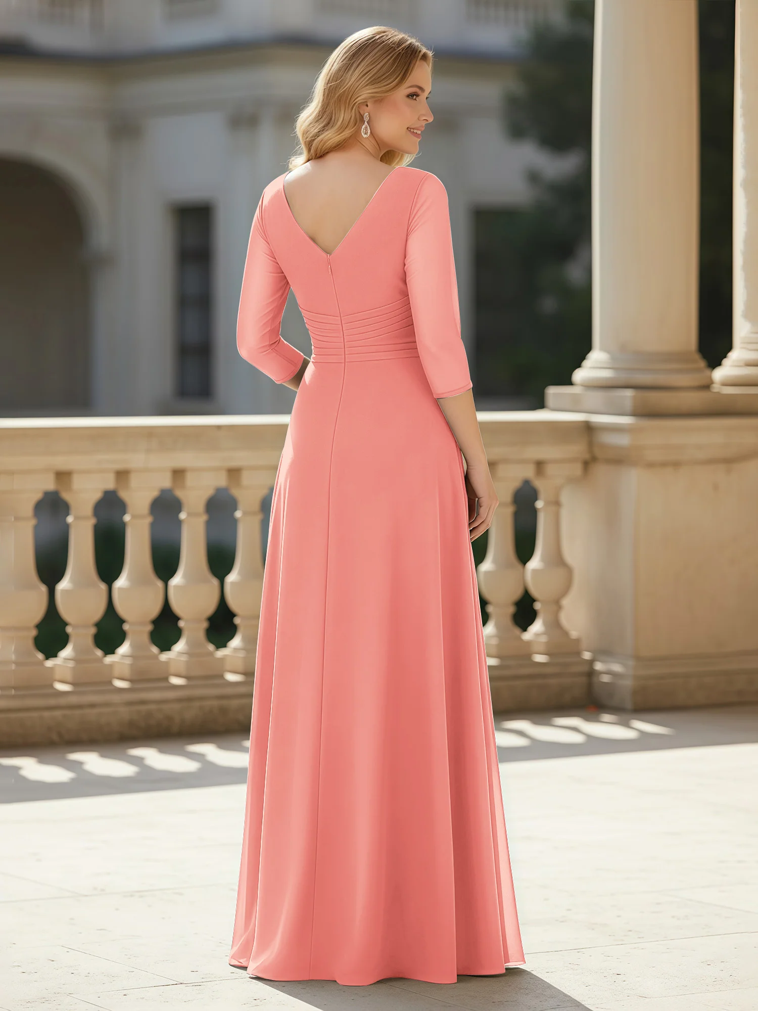 3/4 Sleeves Pleated V-neck Chiffon Floor-length Dress Coral - Image 2