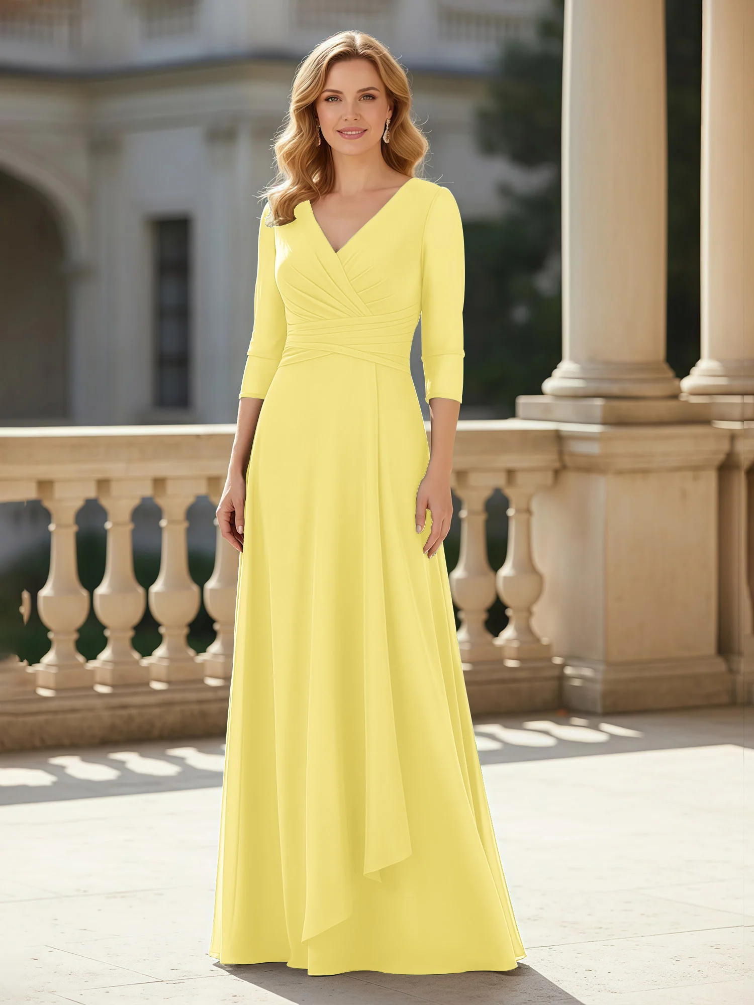3/4 Sleeves Pleated V-neck Chiffon Floor-length Dress Daffodil