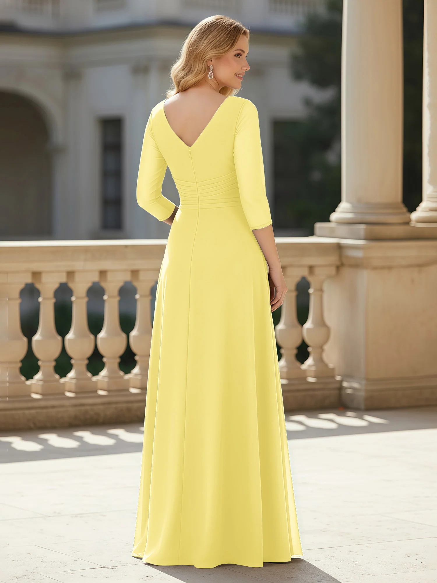 3/4 Sleeves Pleated V-neck Chiffon Floor-length Dress Daffodil - Image 2