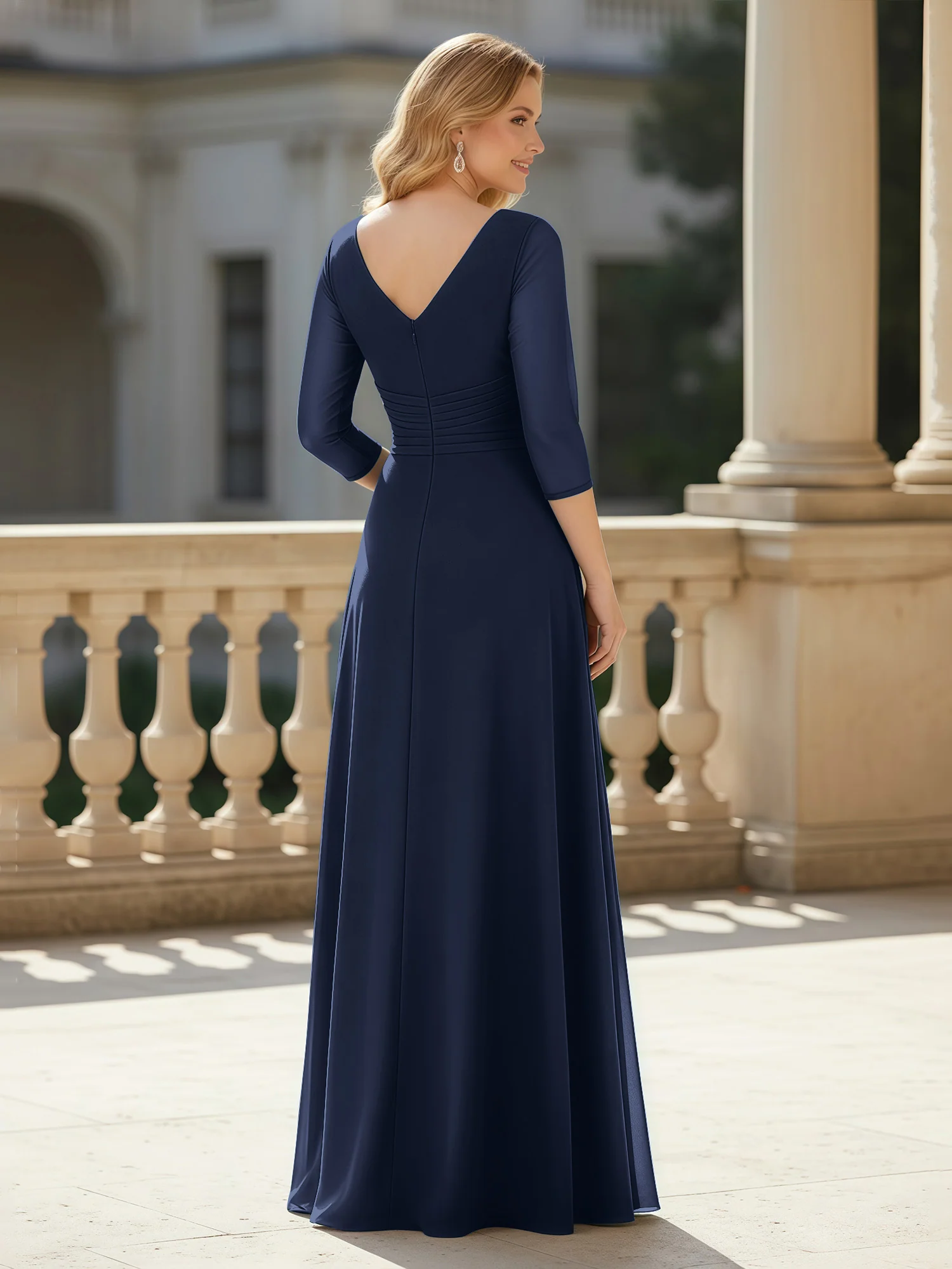 3/4 Sleeves Pleated V-neck Chiffon Floor-length Dress Dark Navy - Image 2