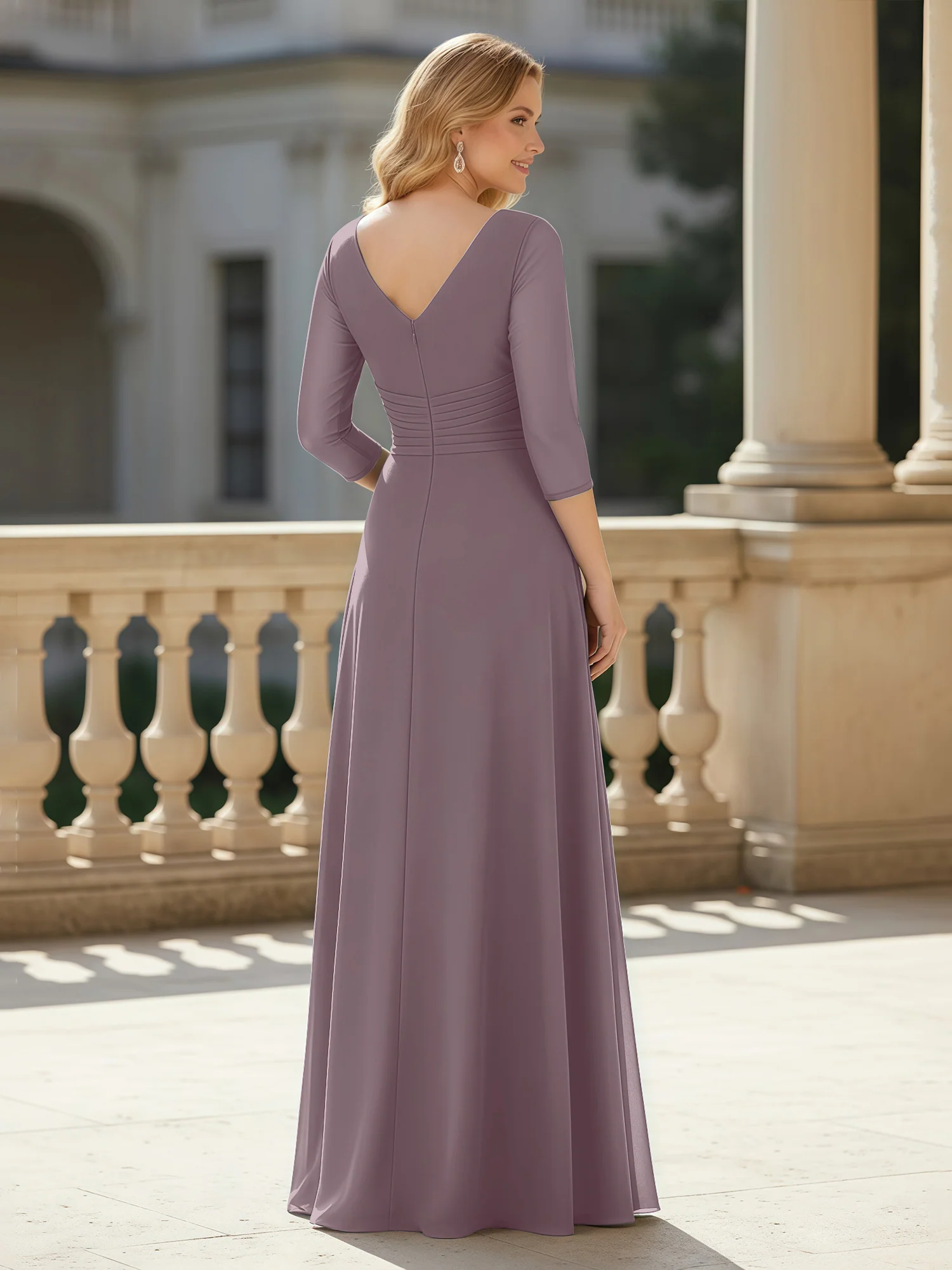 3/4 Sleeves Pleated V-neck Chiffon Floor-length Dress Dusk - Image 2