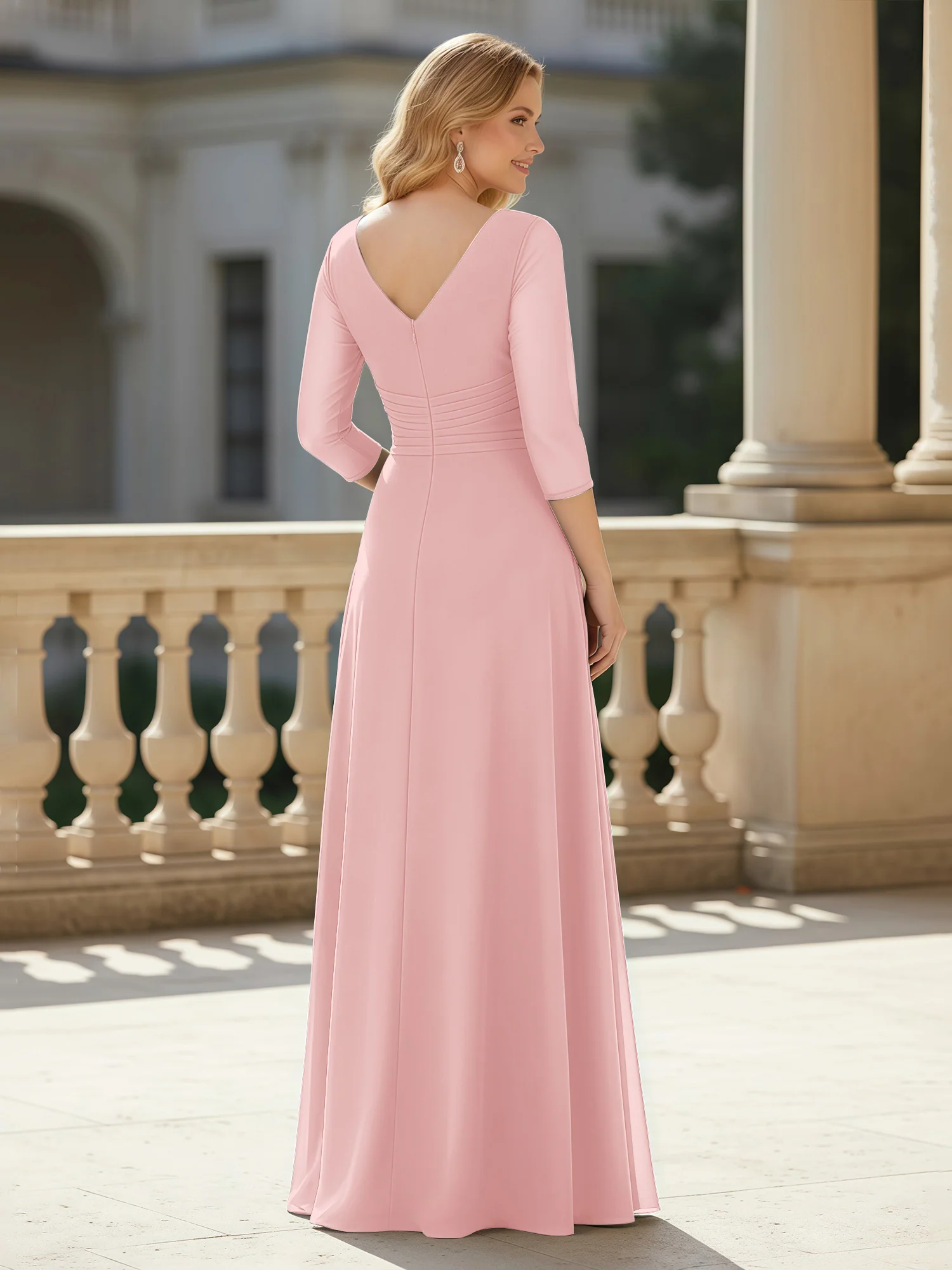 3/4 Sleeves Pleated V-neck Chiffon Floor-length Dress Dusty Rose - Image 2
