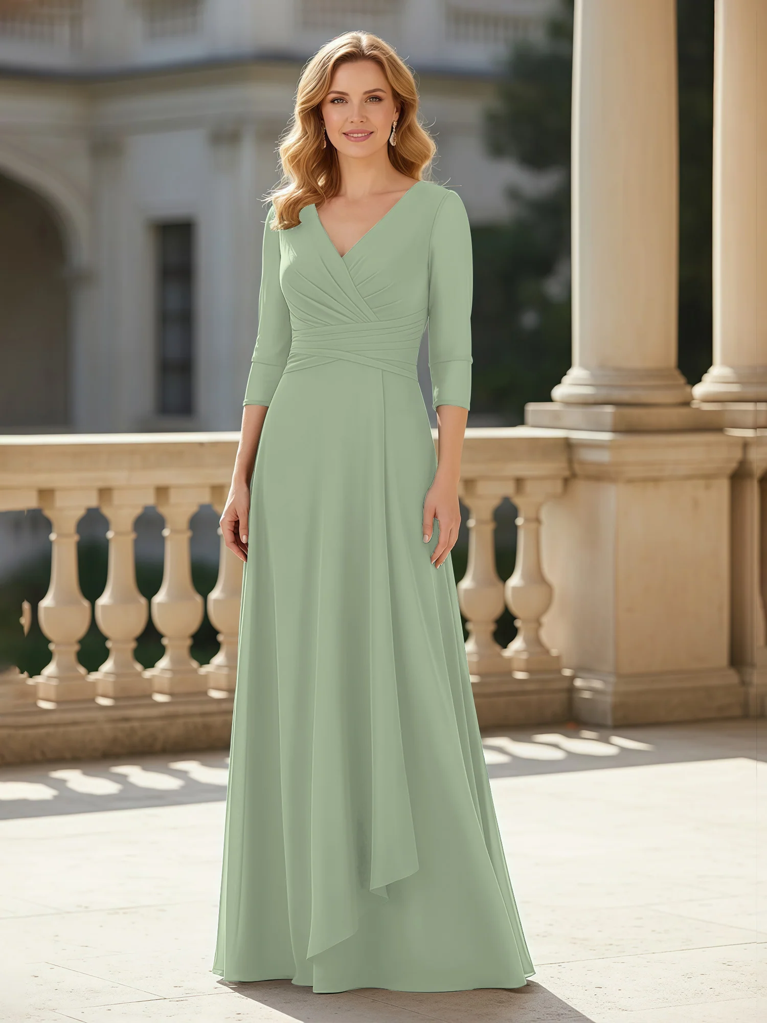 3/4 Sleeves Pleated V-neck Chiffon Floor-length Dress Dusty Sage