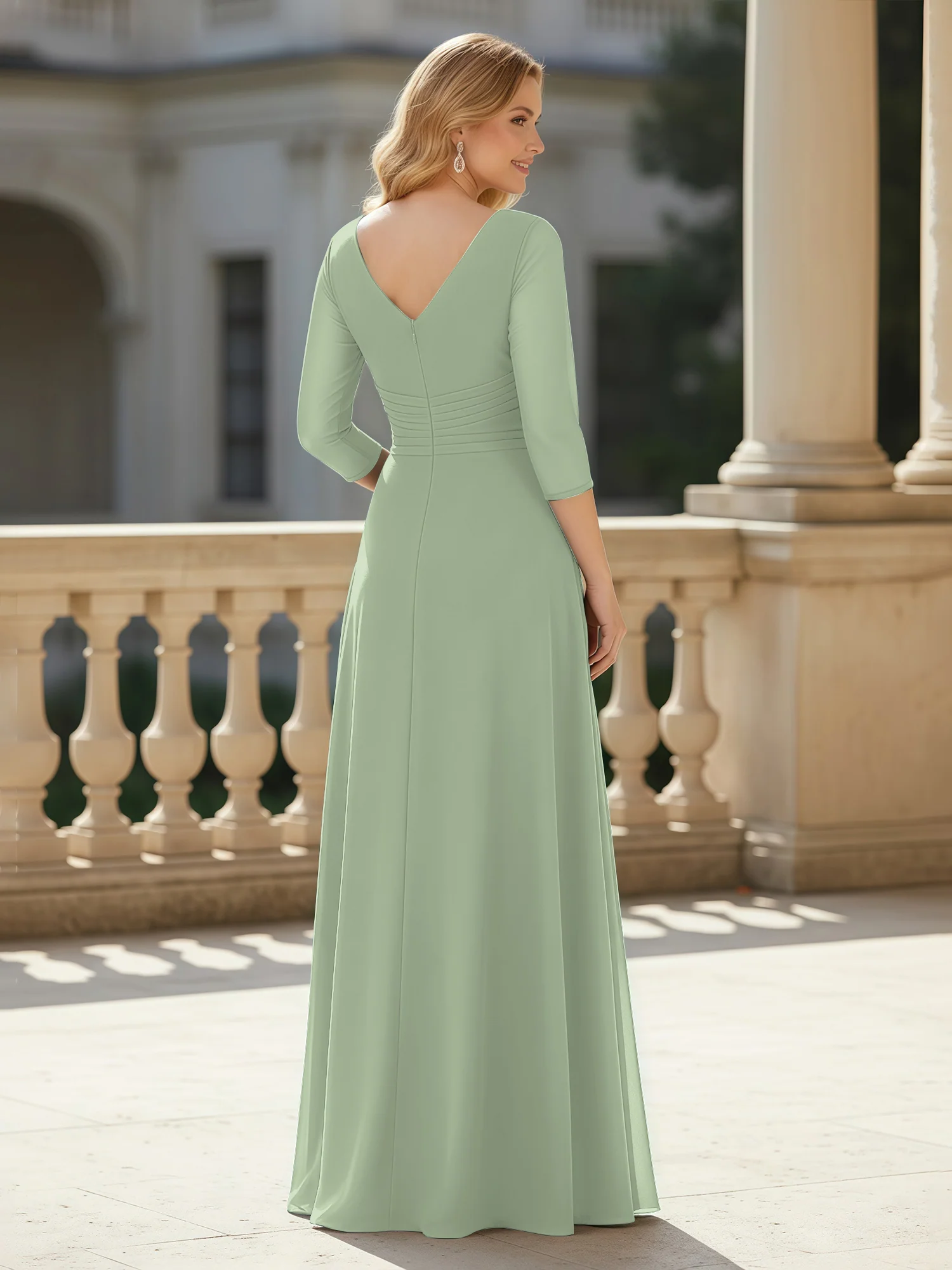 3/4 Sleeves Pleated V-neck Chiffon Floor-length Dress Dusty Sage - Image 2