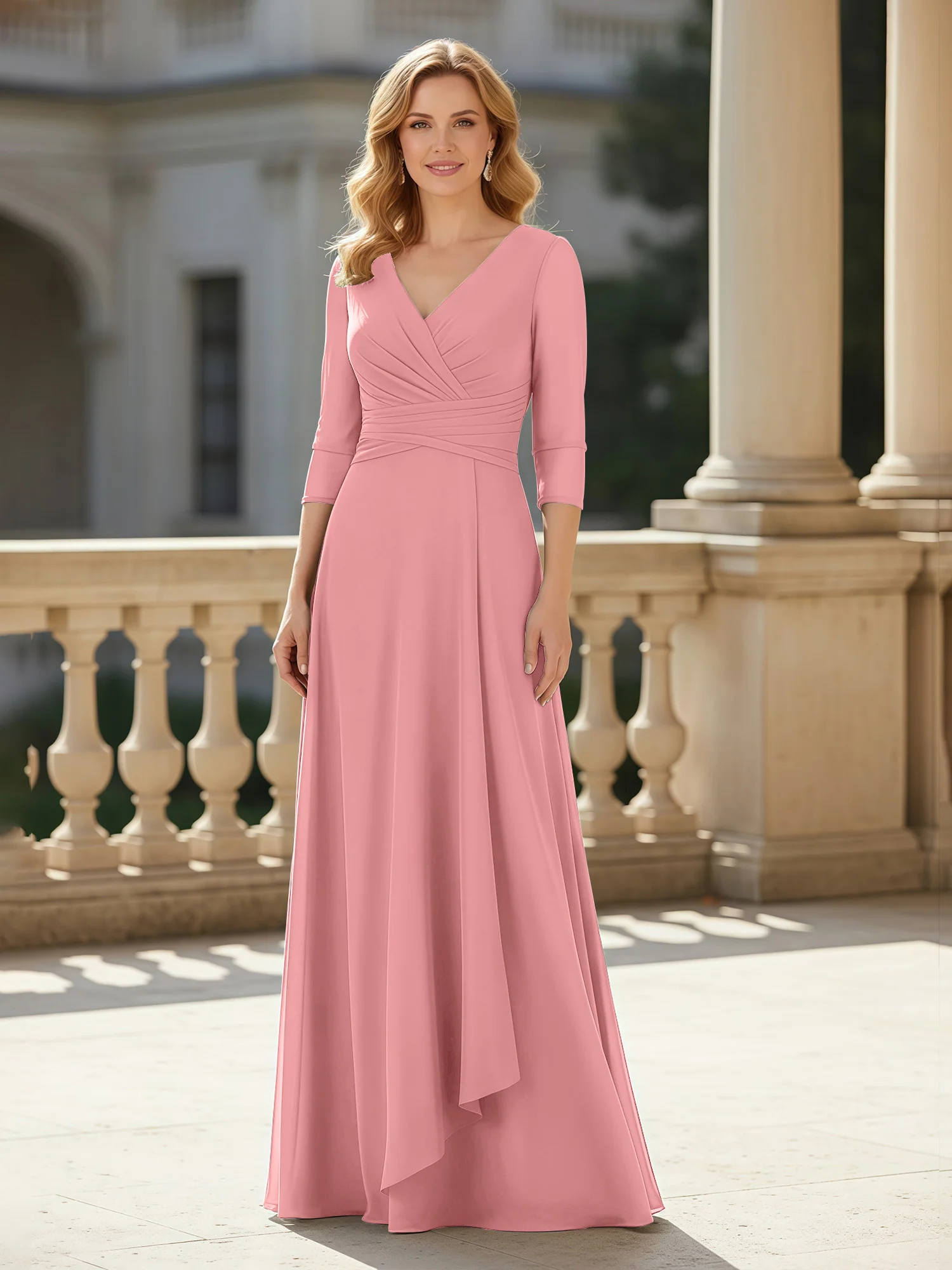 3/4 Sleeves Pleated V-neck Chiffon Floor-length Dress Flamingo