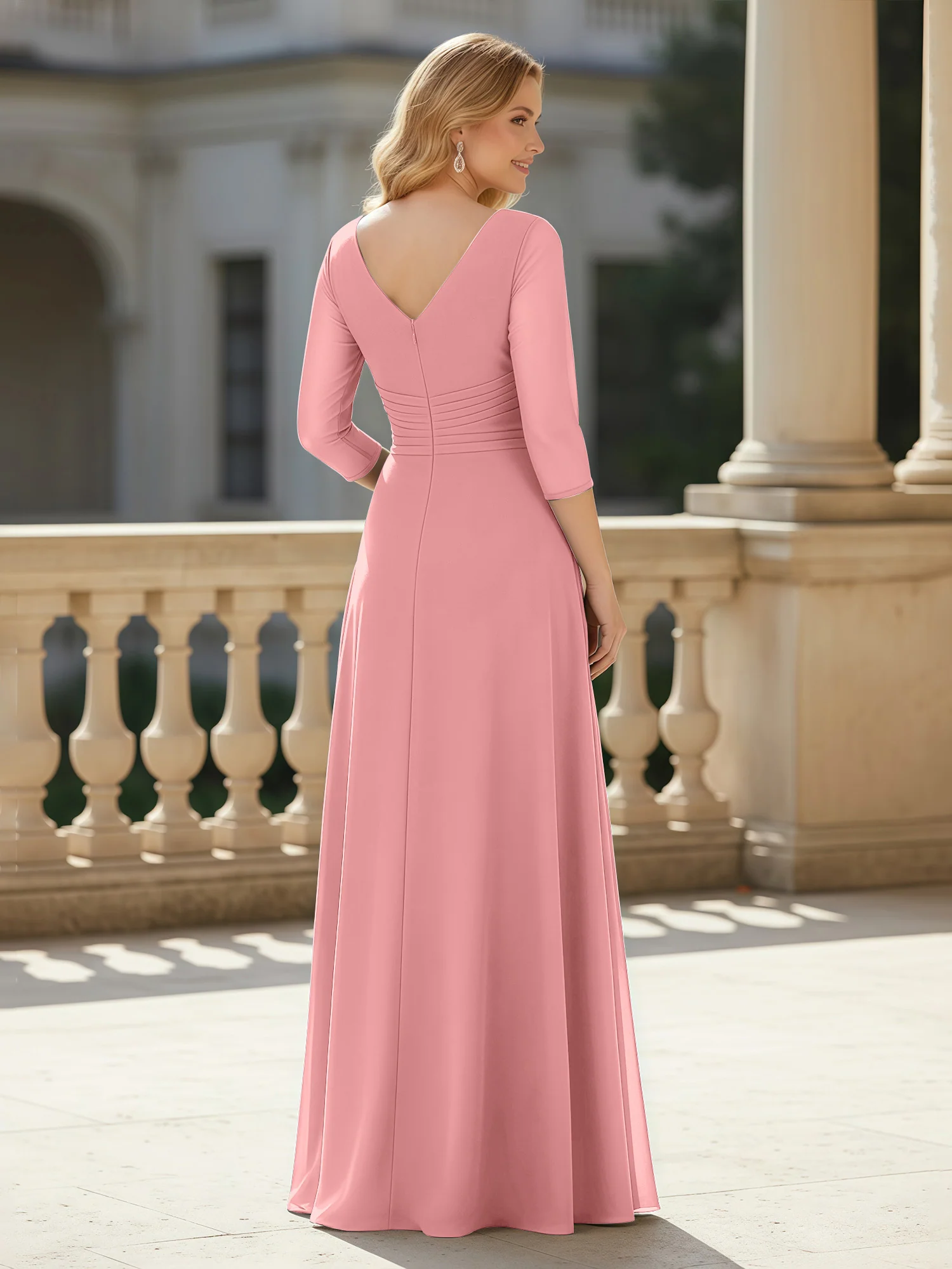 3/4 Sleeves Pleated V-neck Chiffon Floor-length Dress Flamingo - Image 2