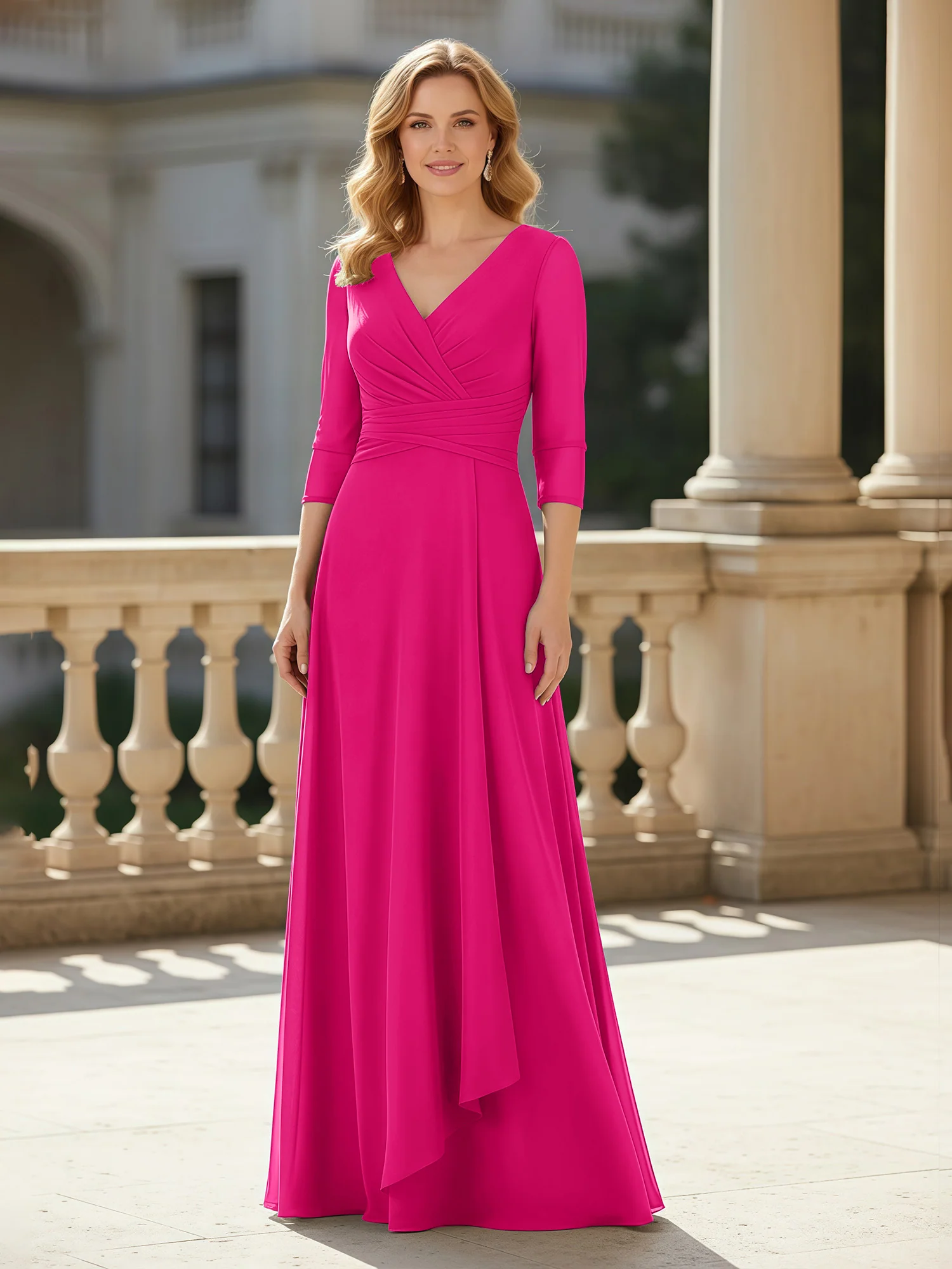 3/4 Sleeves Pleated V-neck Chiffon Floor-length Dress Fuchsia