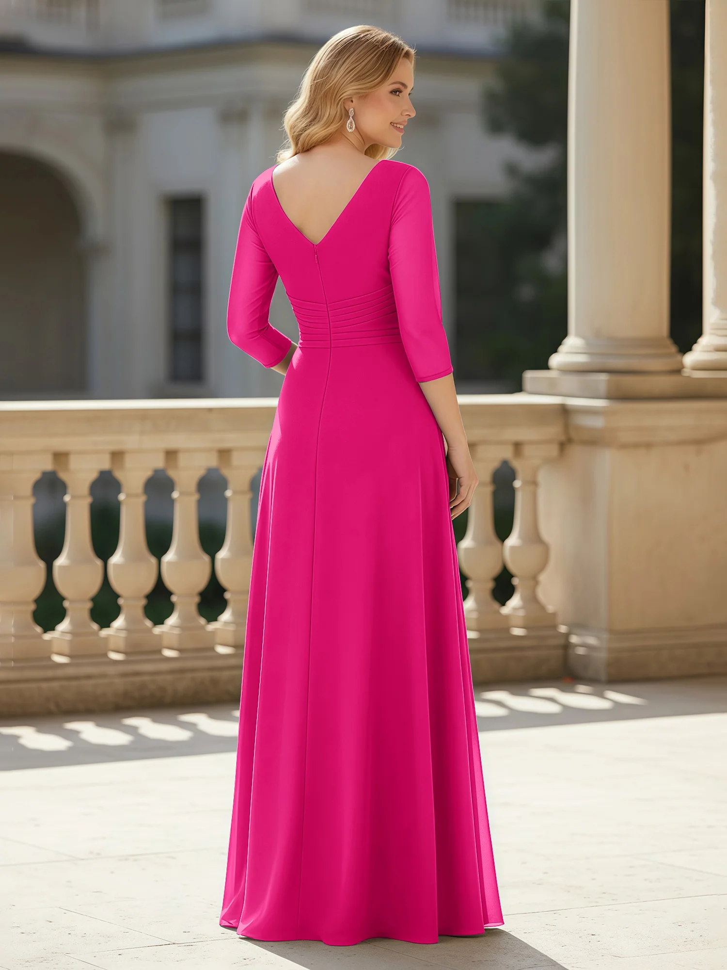 3/4 Sleeves Pleated V-neck Chiffon Floor-length Dress Fuchsia - Image 2