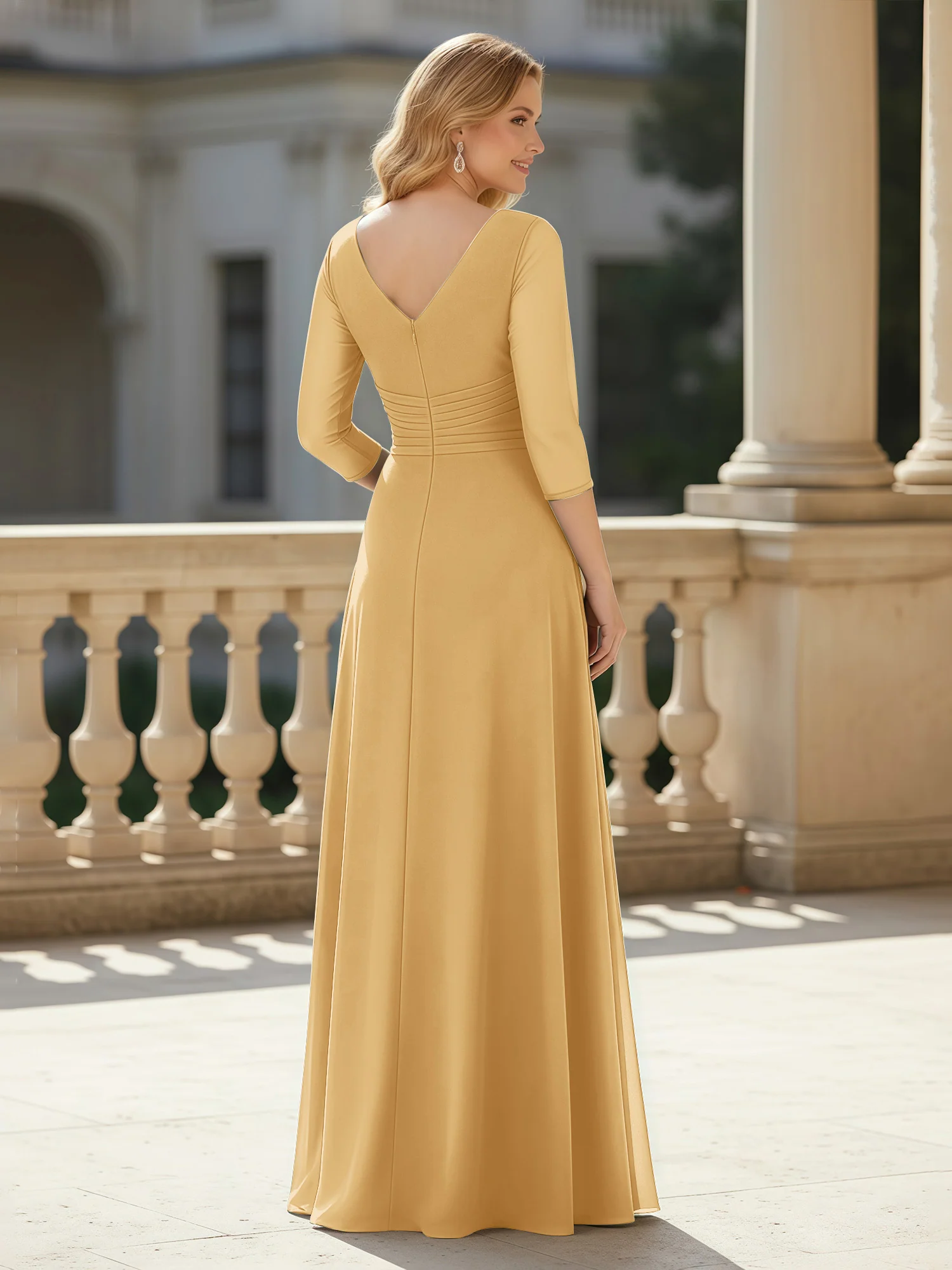 3/4 Sleeves Pleated V-neck Chiffon Floor-length Dress Gold - Image 2
