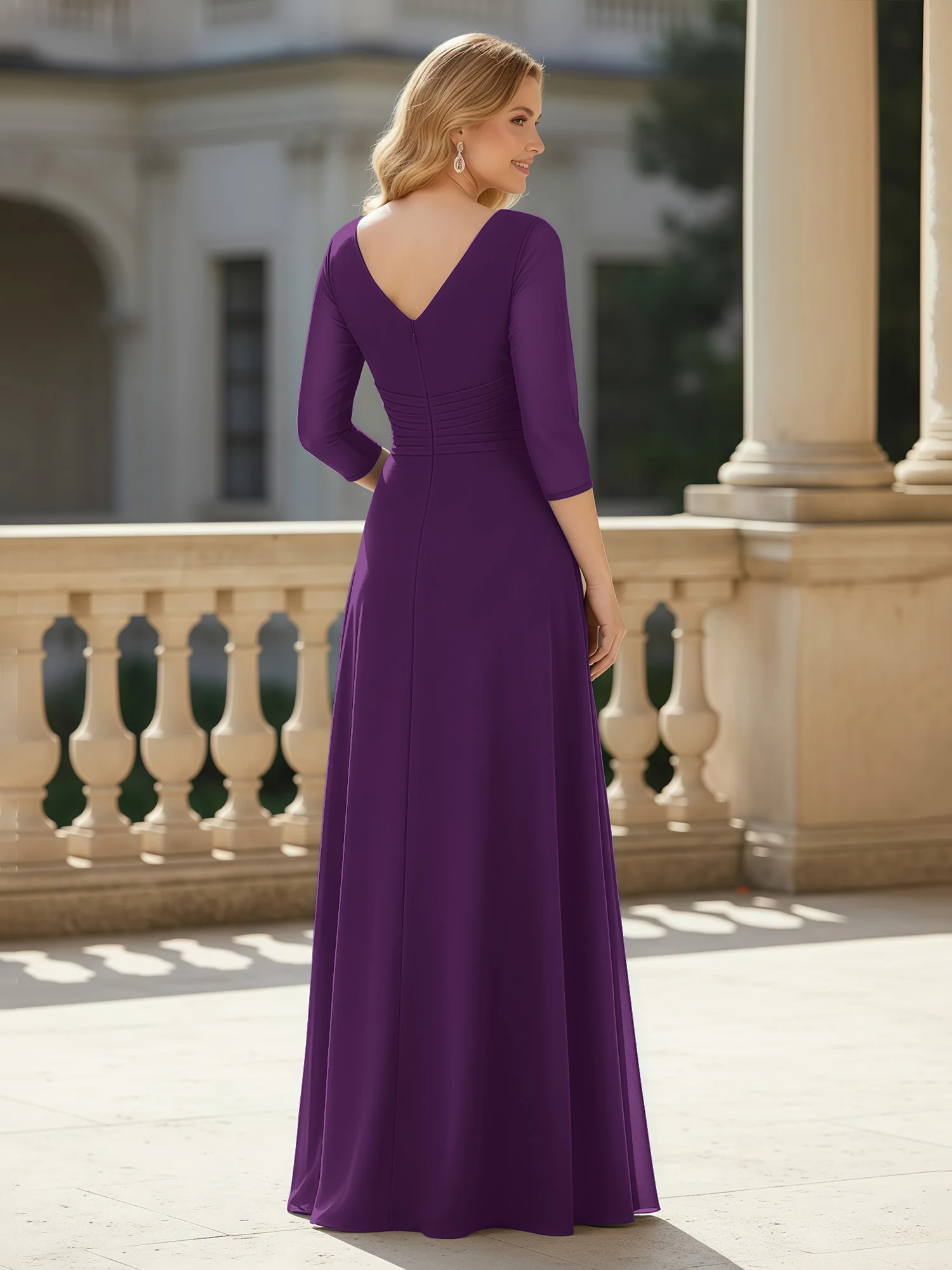 3/4 Sleeves Pleated V-neck Chiffon Floor-length Dress Grape - Image 2