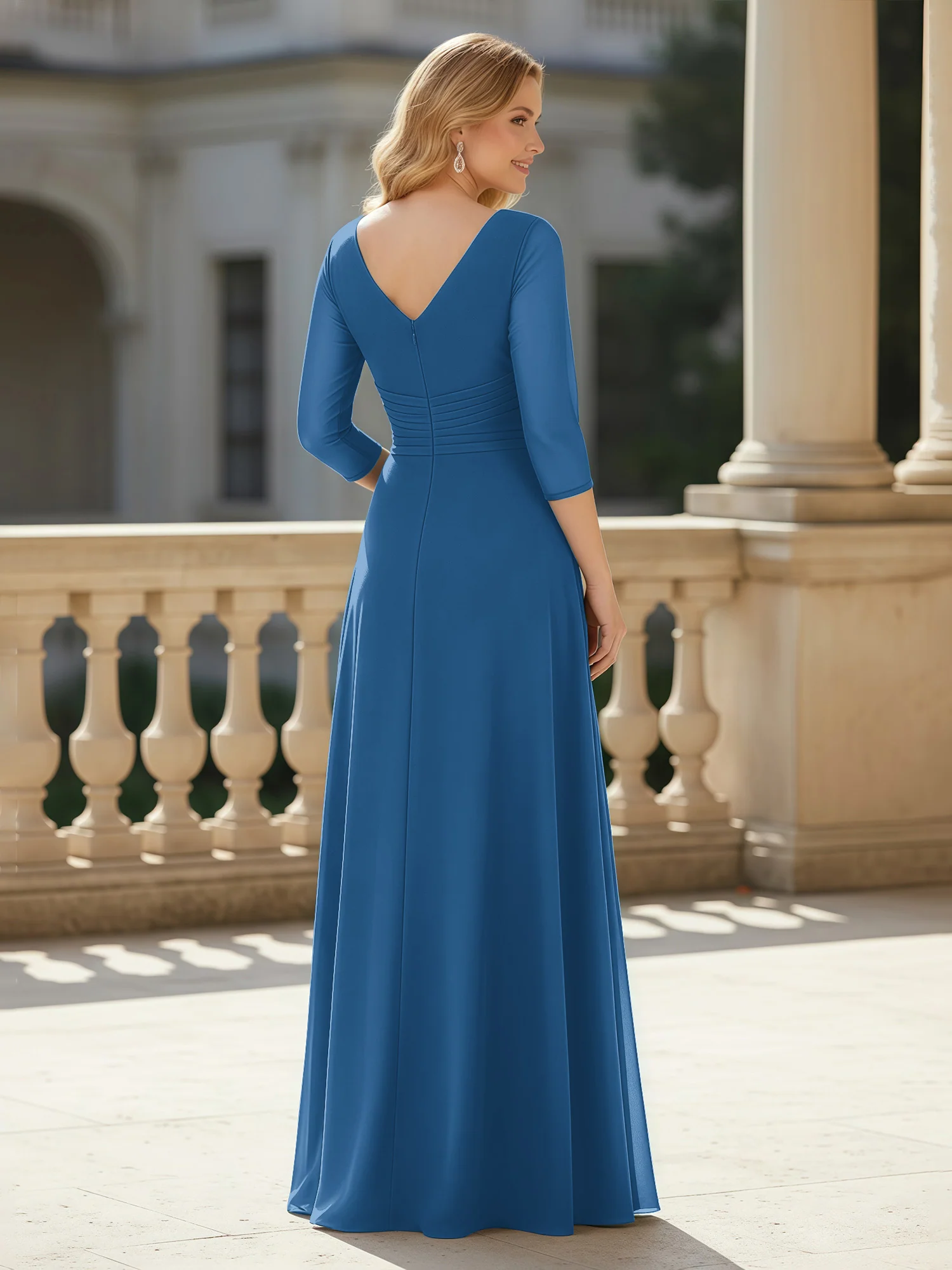 3/4 Sleeves Pleated V-neck Chiffon Floor-length Dress Ink Blue - Image 2