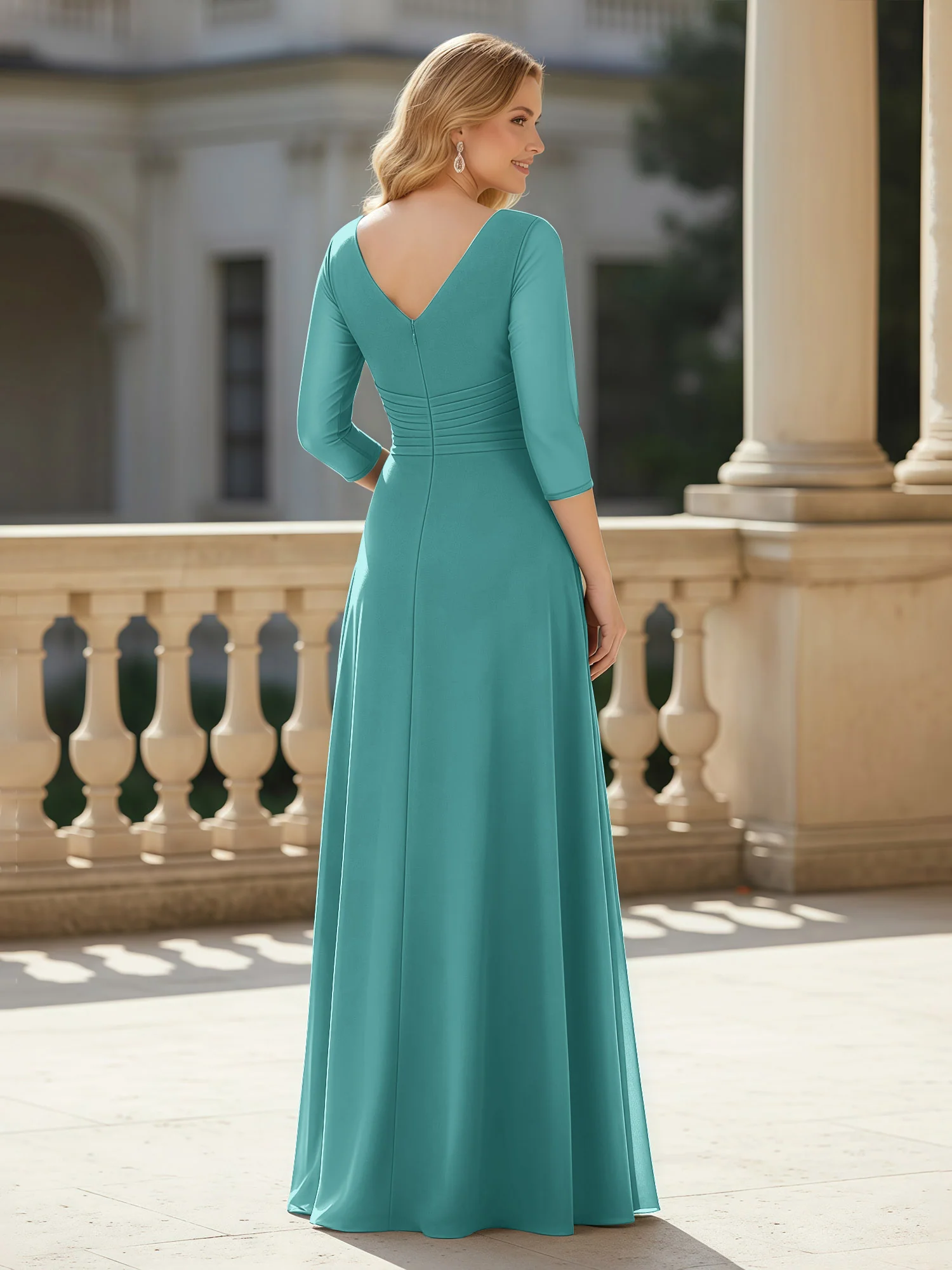 3/4 Sleeves Pleated V-neck Chiffon Floor-length Dress Jade - Image 2