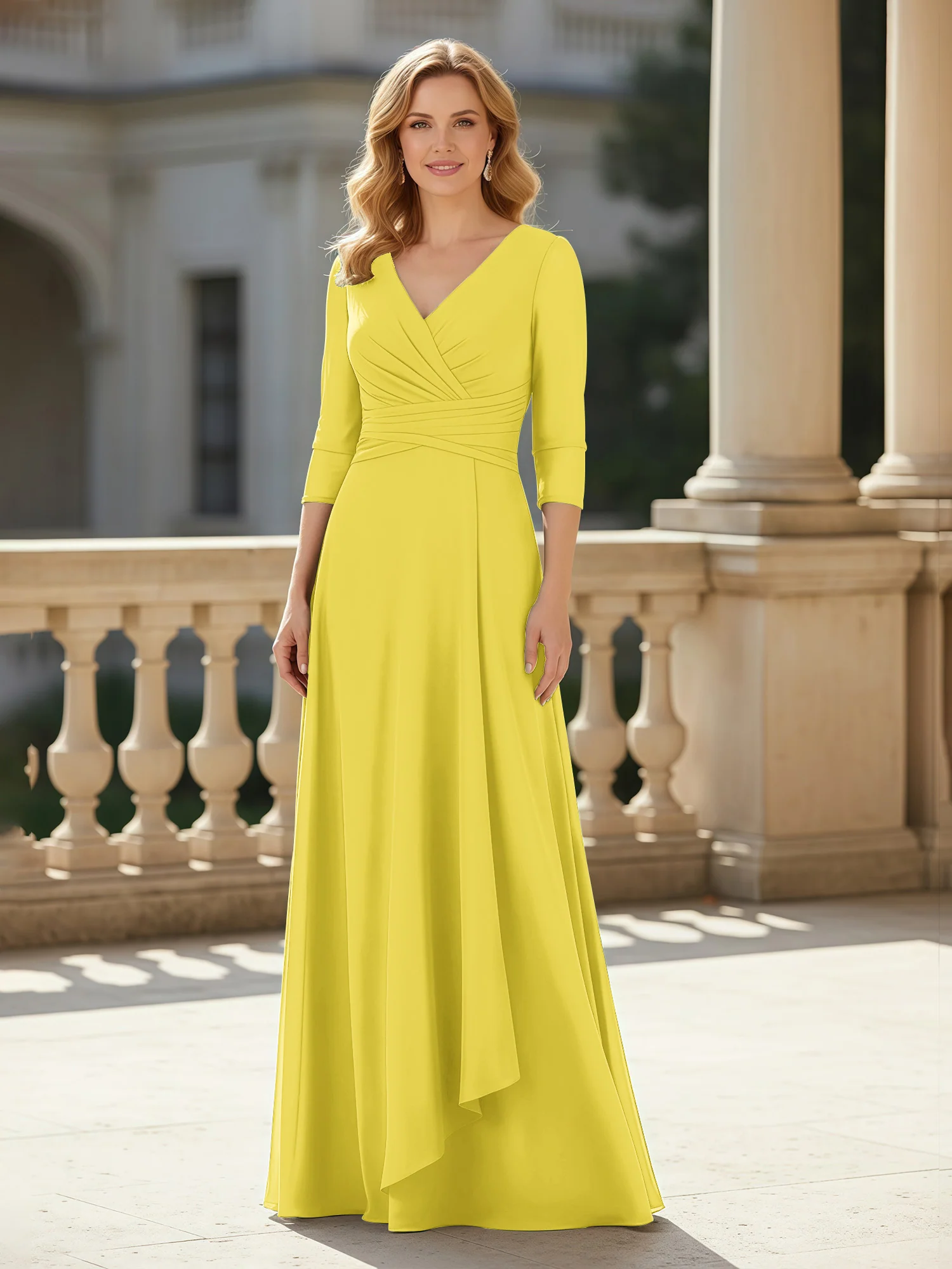 3/4 Sleeves Pleated V-neck Chiffon Floor-length Dress Lemon