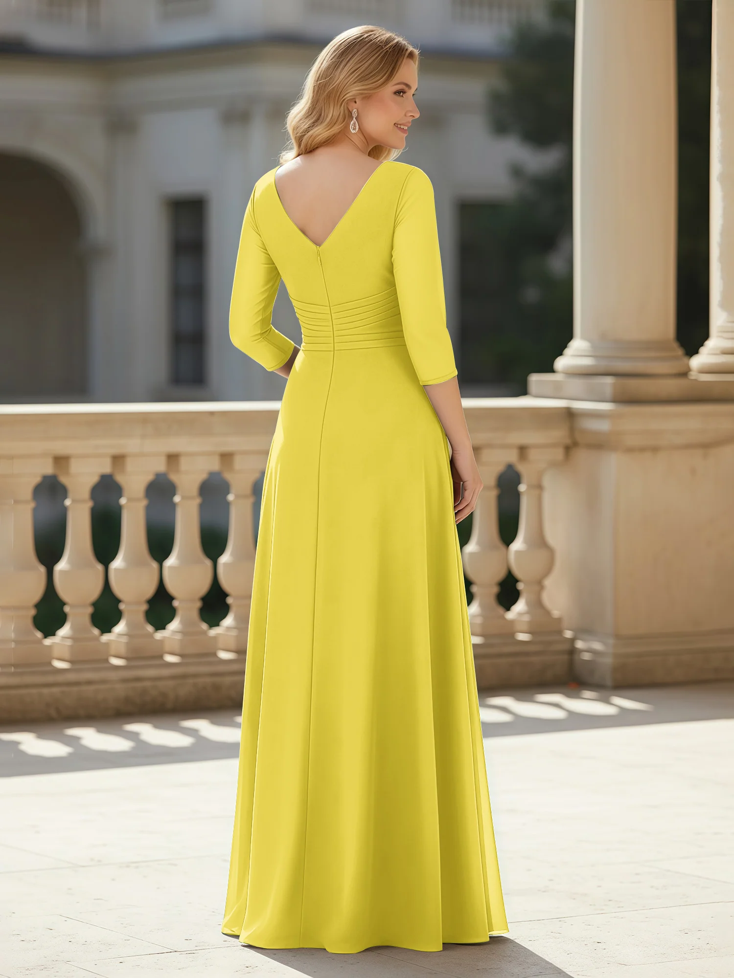 3/4 Sleeves Pleated V-neck Chiffon Floor-length Dress Lemon - Image 2