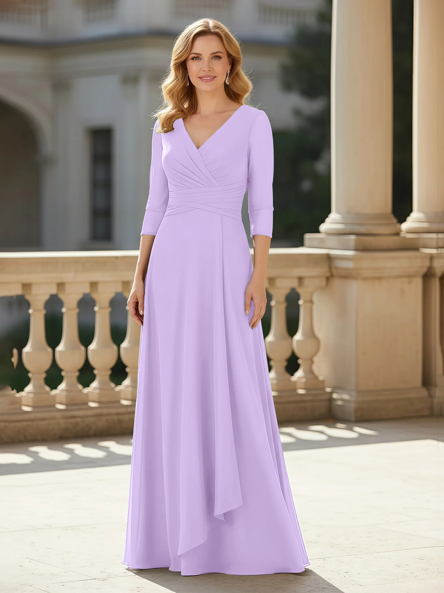 3/4 Sleeves Pleated V-neck Chiffon Floor-length Dress Lilac