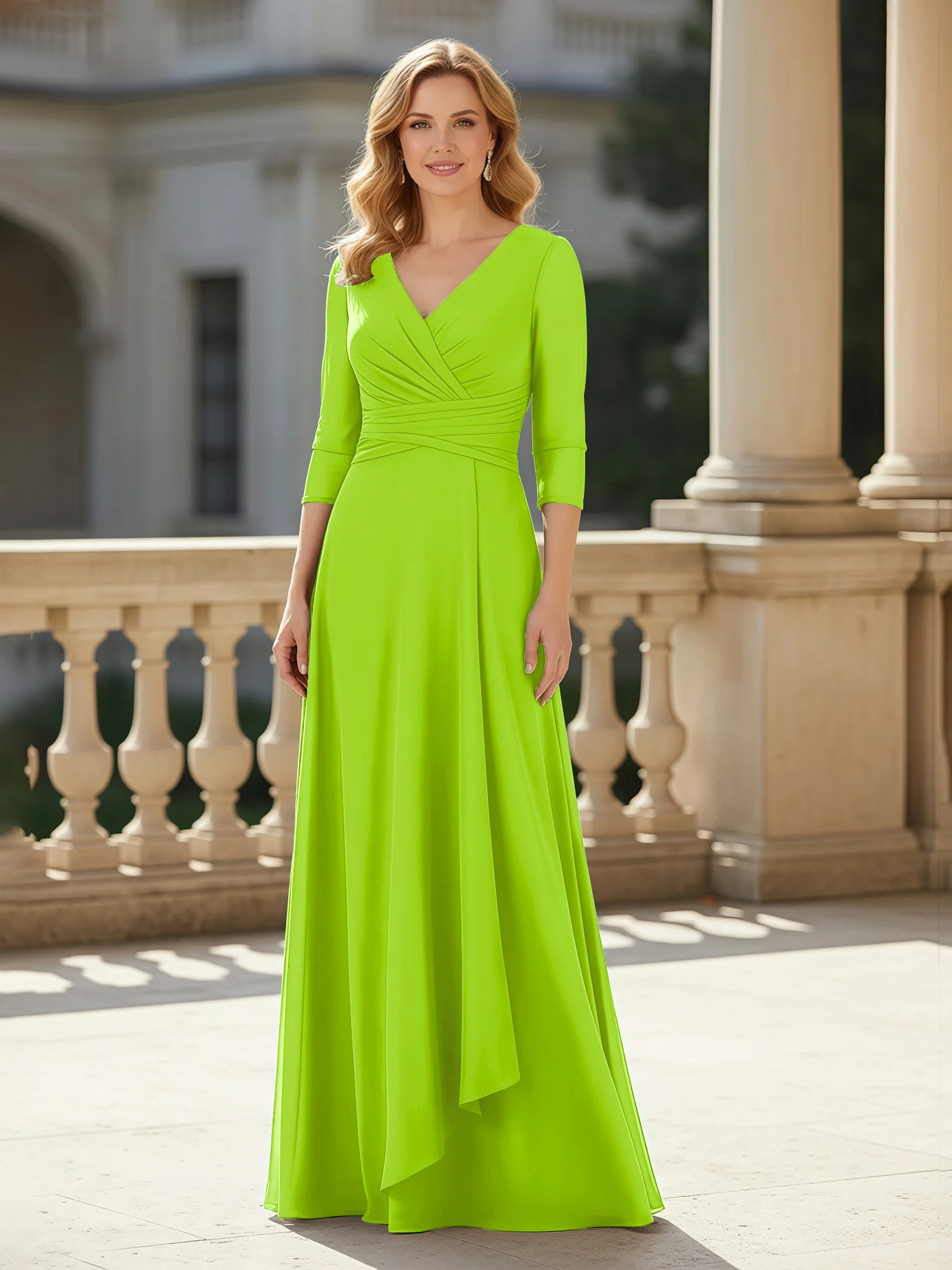 3/4 Sleeves Pleated V-neck Chiffon Floor-length Dress Lime Green