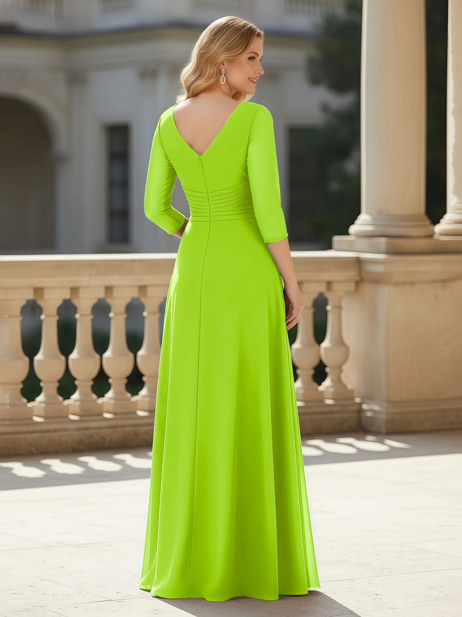 3/4 Sleeves Pleated V-neck Chiffon Floor-length Dress Lime Green - Image 2