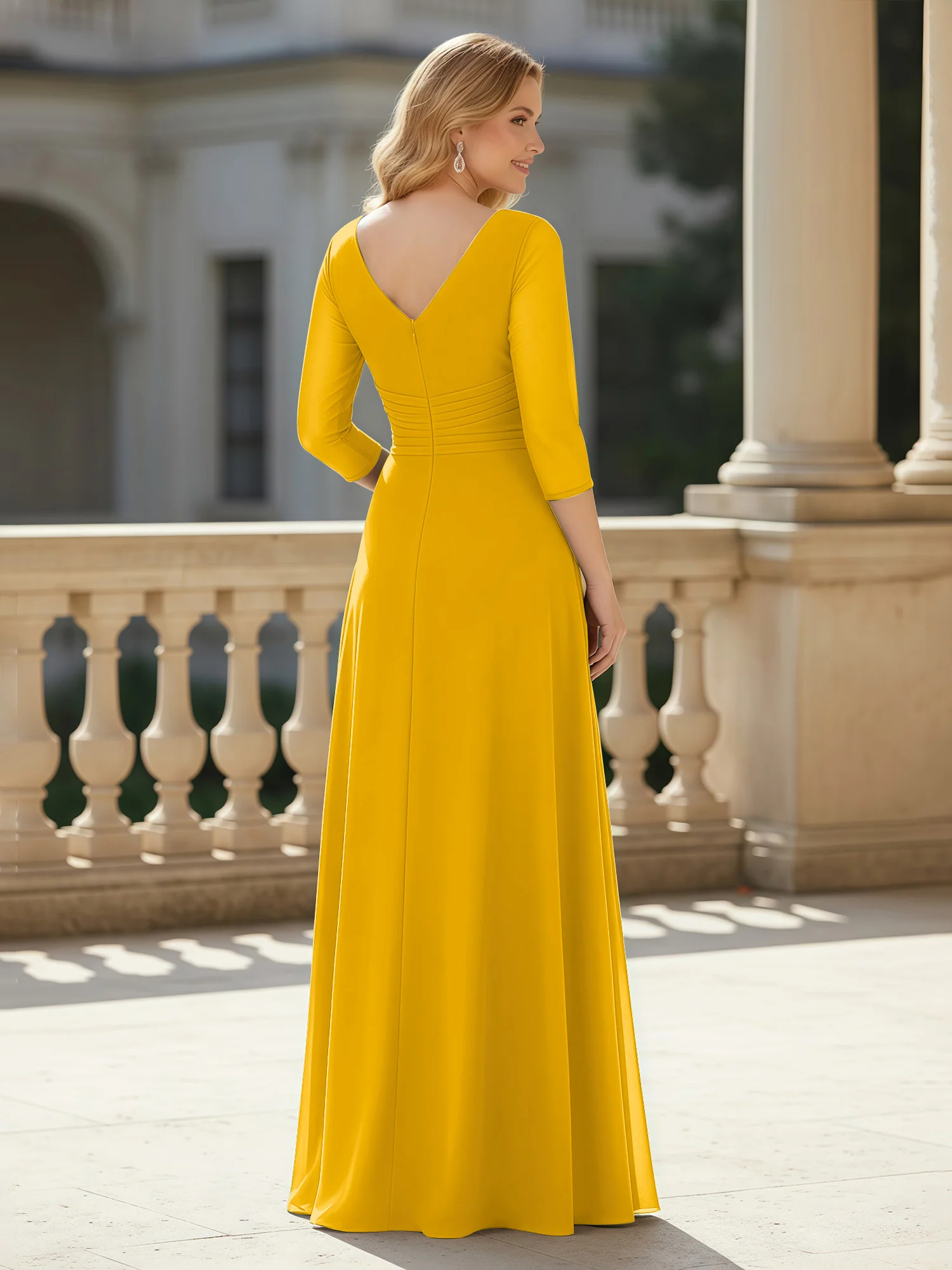 3/4 Sleeves Pleated V-neck Chiffon Floor-length Dress Marigold - Image 2