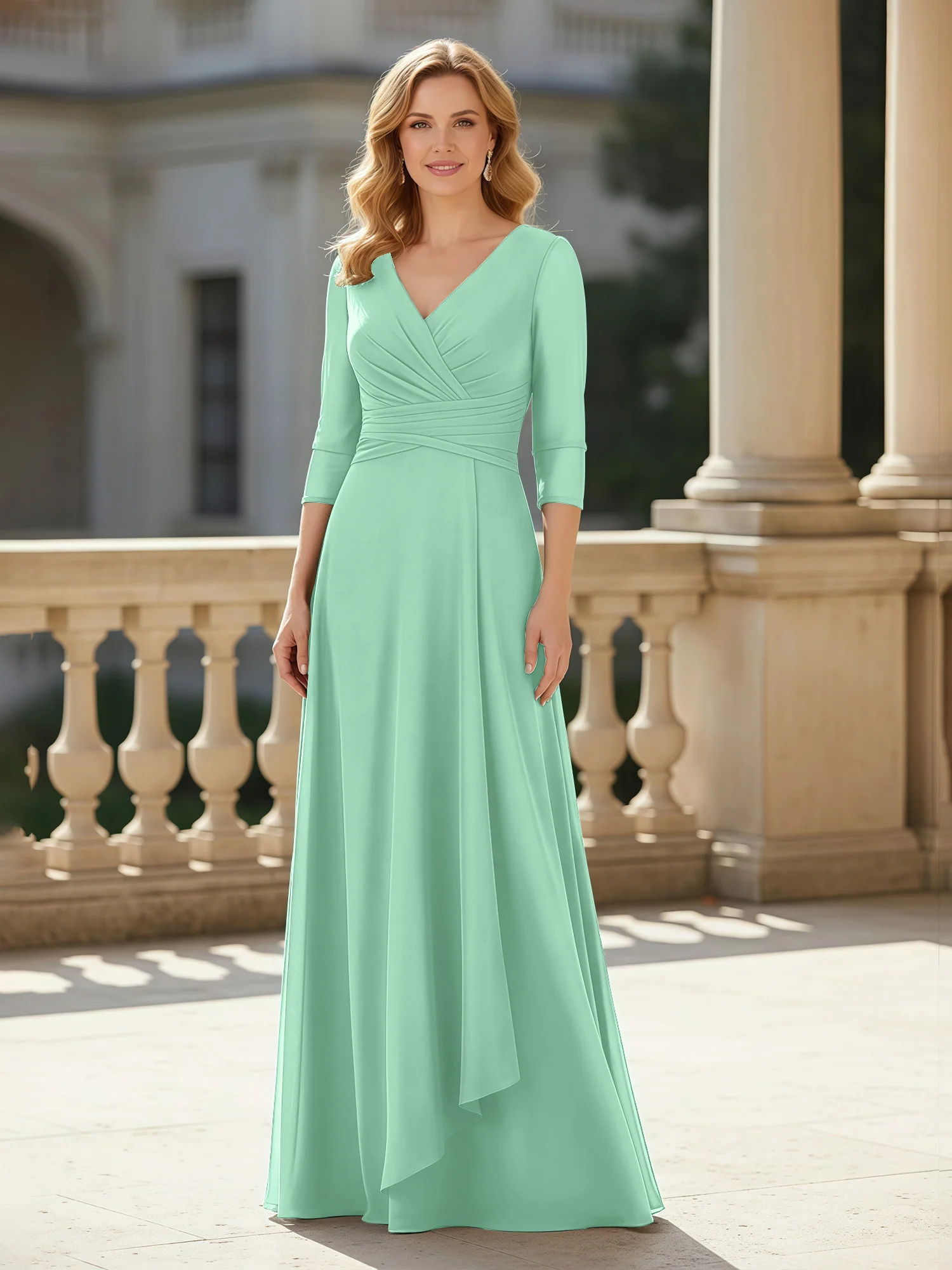 3/4 Sleeves Pleated V-neck Chiffon Floor-length Dress Mint Green