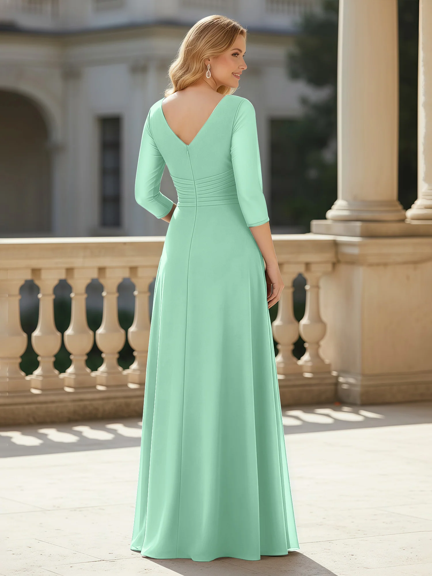 3/4 Sleeves Pleated V-neck Chiffon Floor-length Dress Mint Green - Image 2