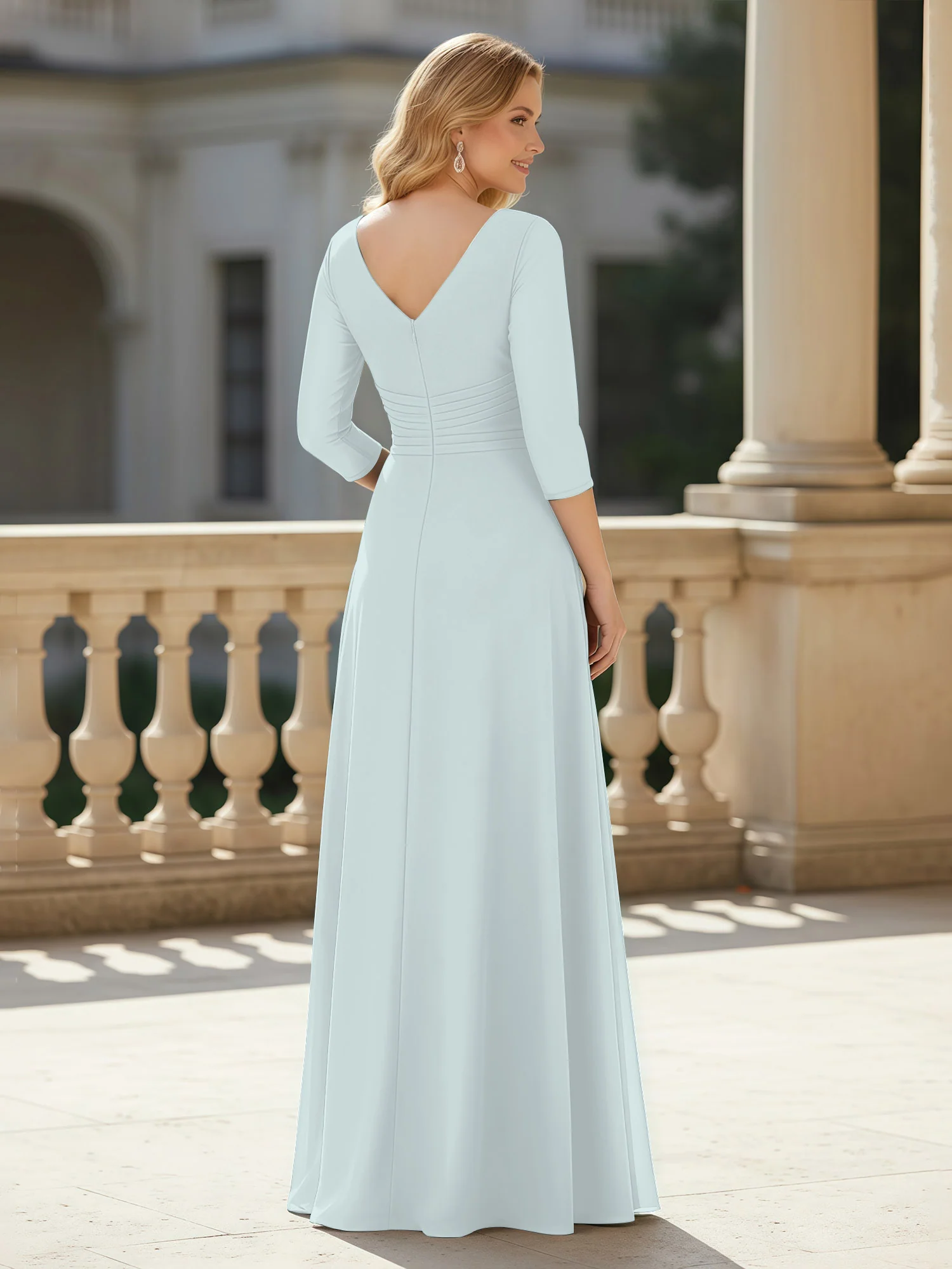 3/4 Sleeves Pleated V-neck Chiffon Floor-length Dress Mist - Image 2