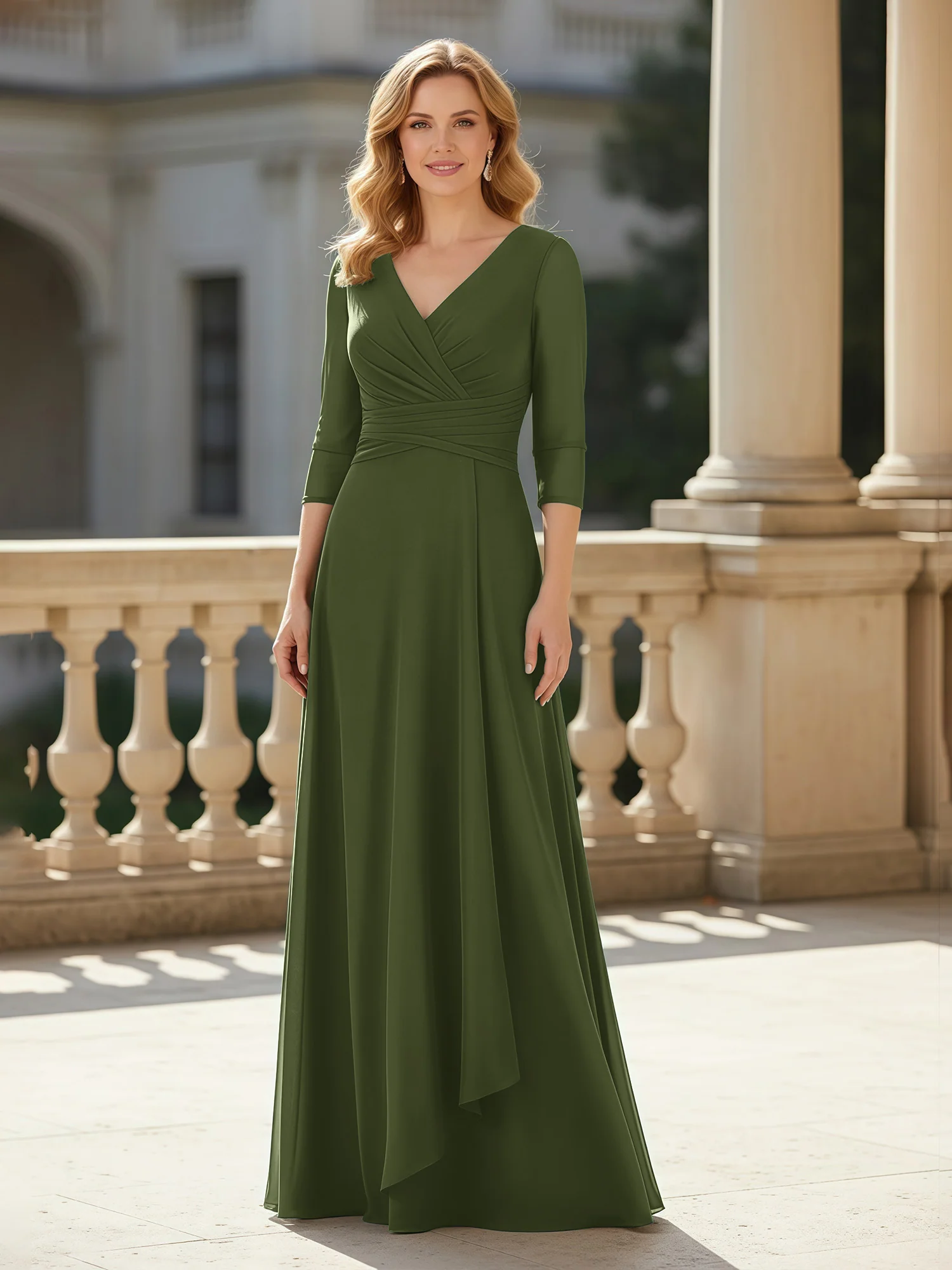 3/4 Sleeves Pleated V-neck Chiffon Floor-length Dress Olive Green
