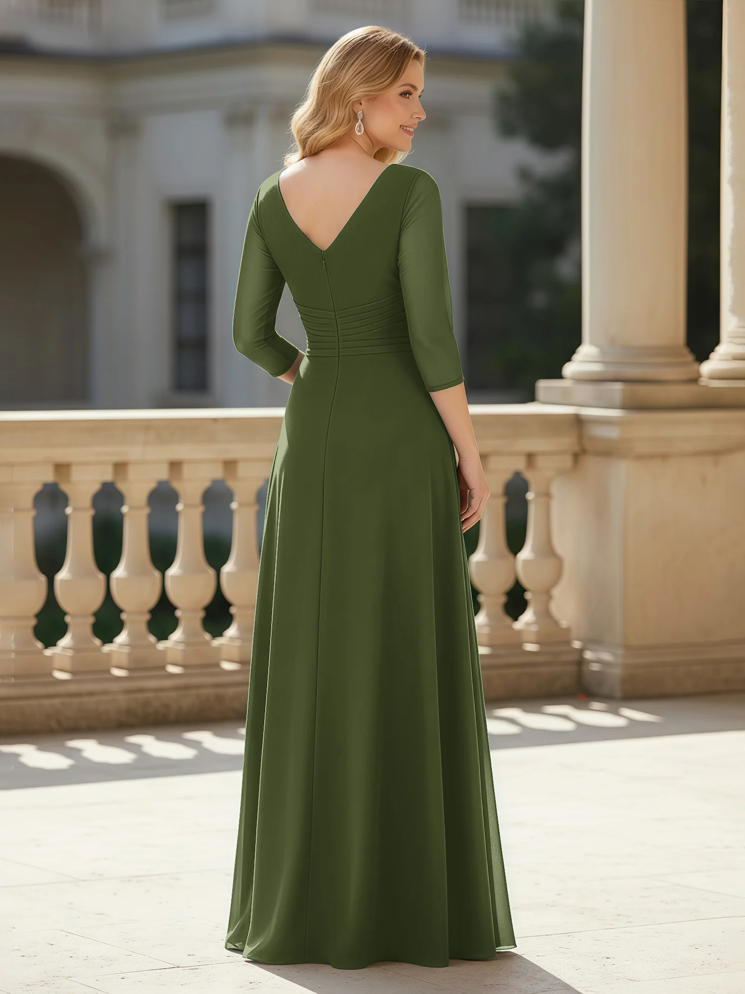 3/4 Sleeves Pleated V-neck Chiffon Floor-length Dress Olive Green - Image 2