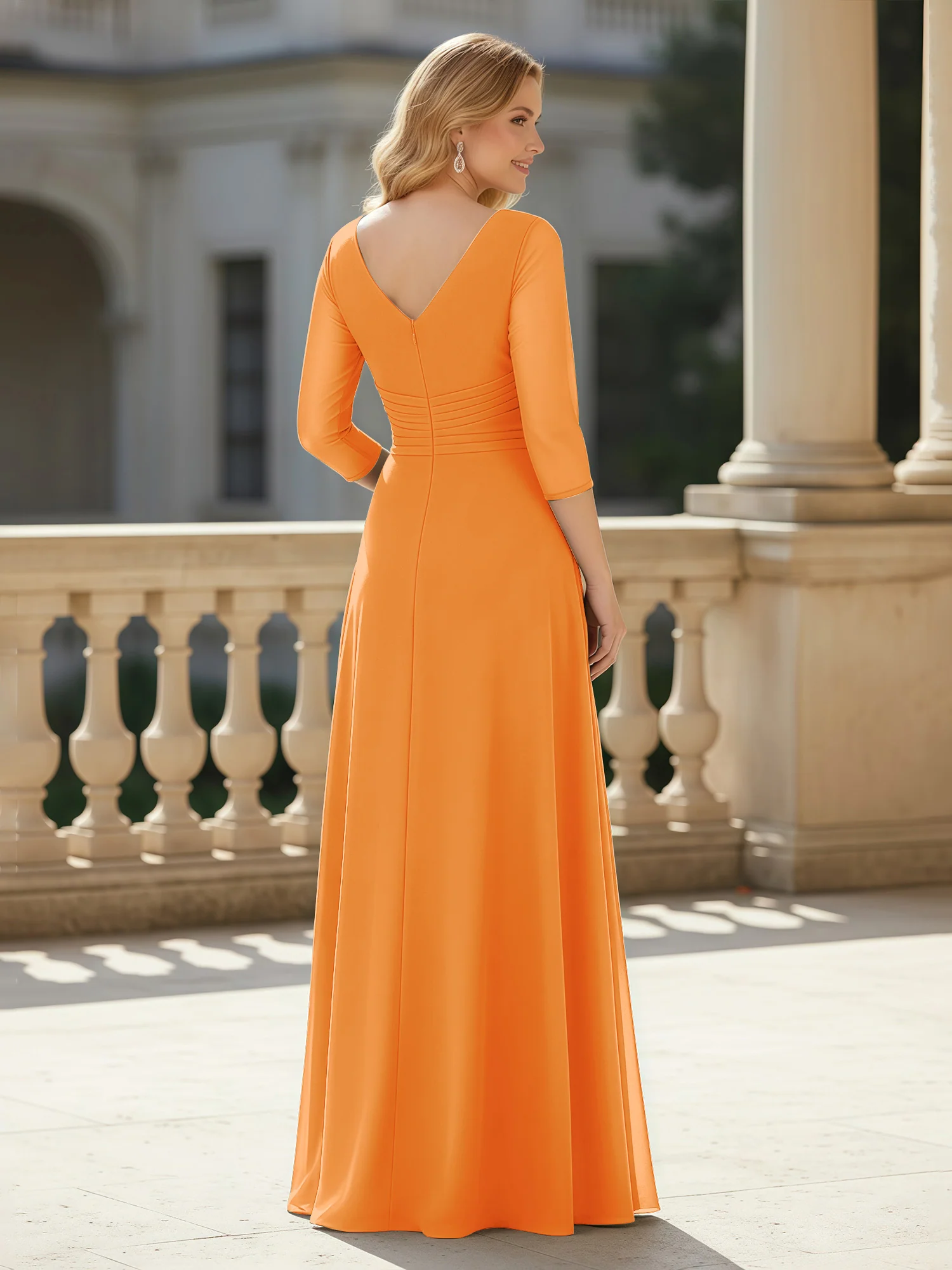 3/4 Sleeves Pleated V-neck Chiffon Floor-length Dress Orange - Image 2