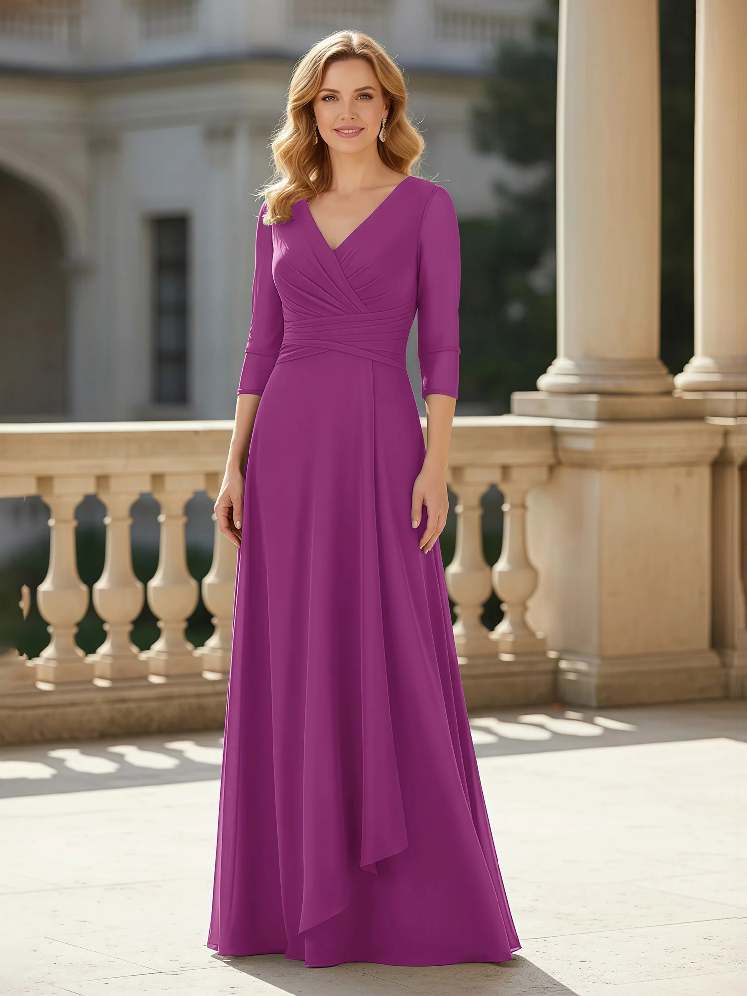 3/4 Sleeves Pleated V-neck Chiffon Floor-length Dress Orchid