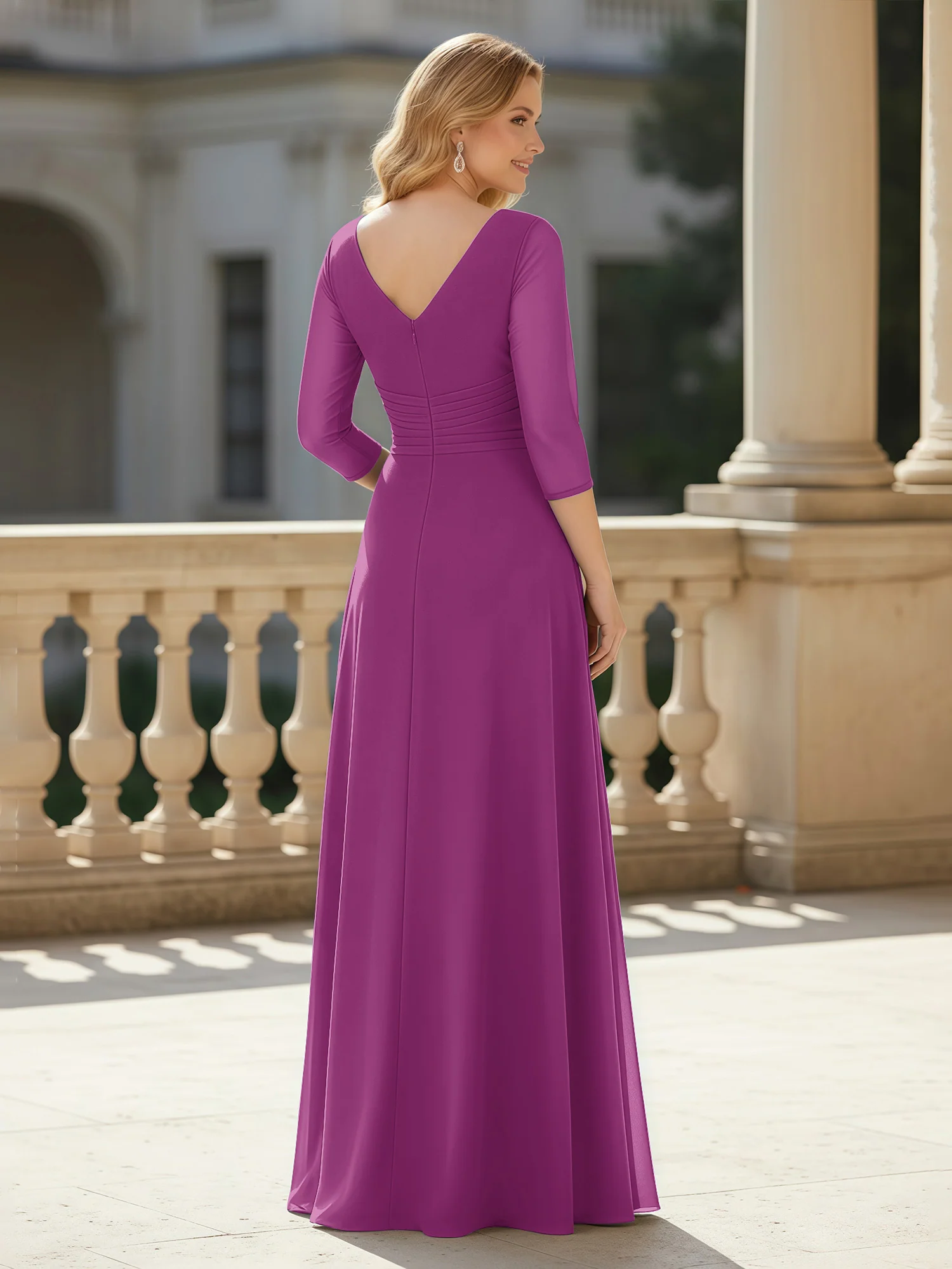 3/4 Sleeves Pleated V-neck Chiffon Floor-length Dress Orchid - Image 2